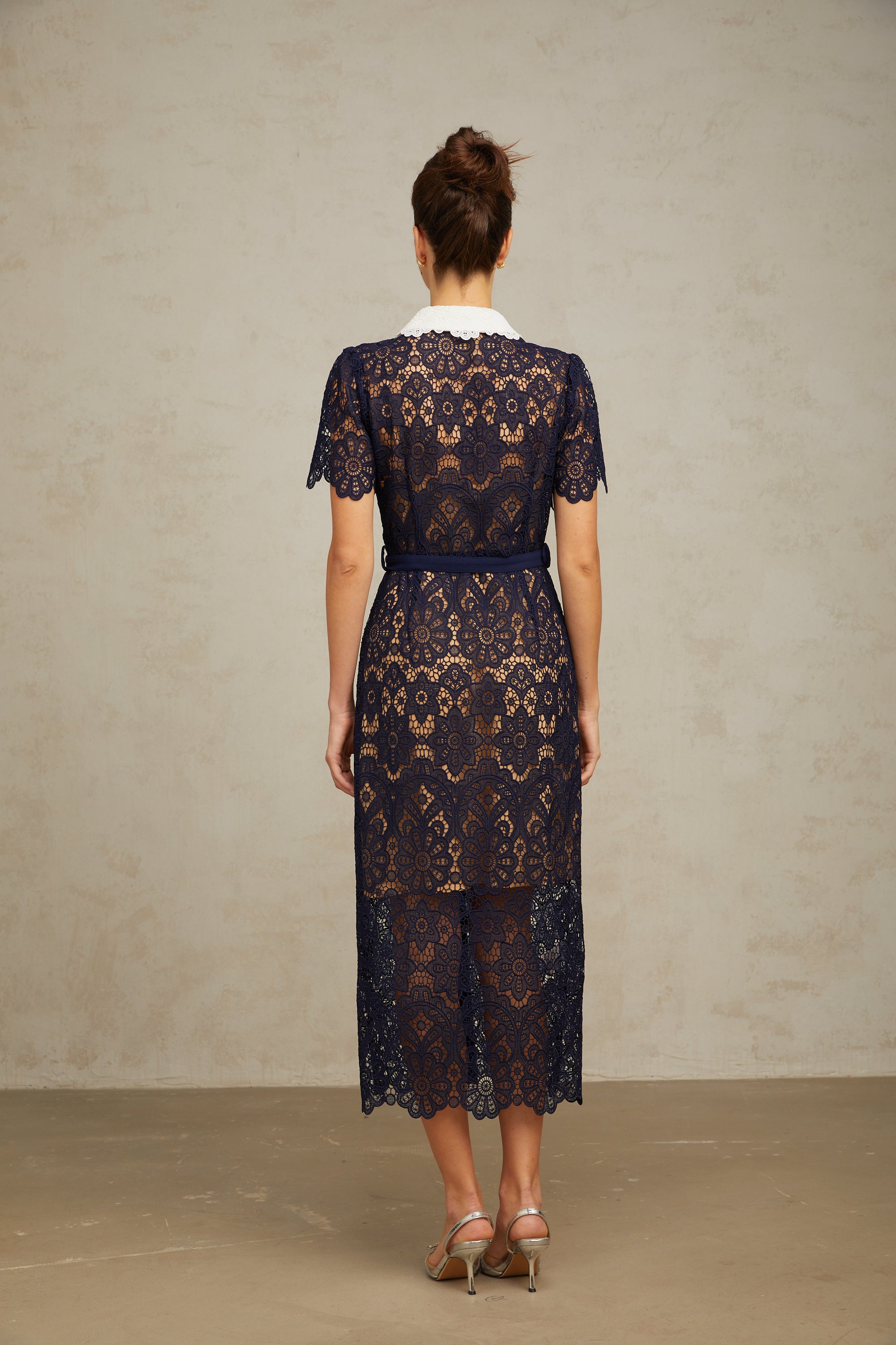 Ariane dark-blue floral crochet-lace midi dress