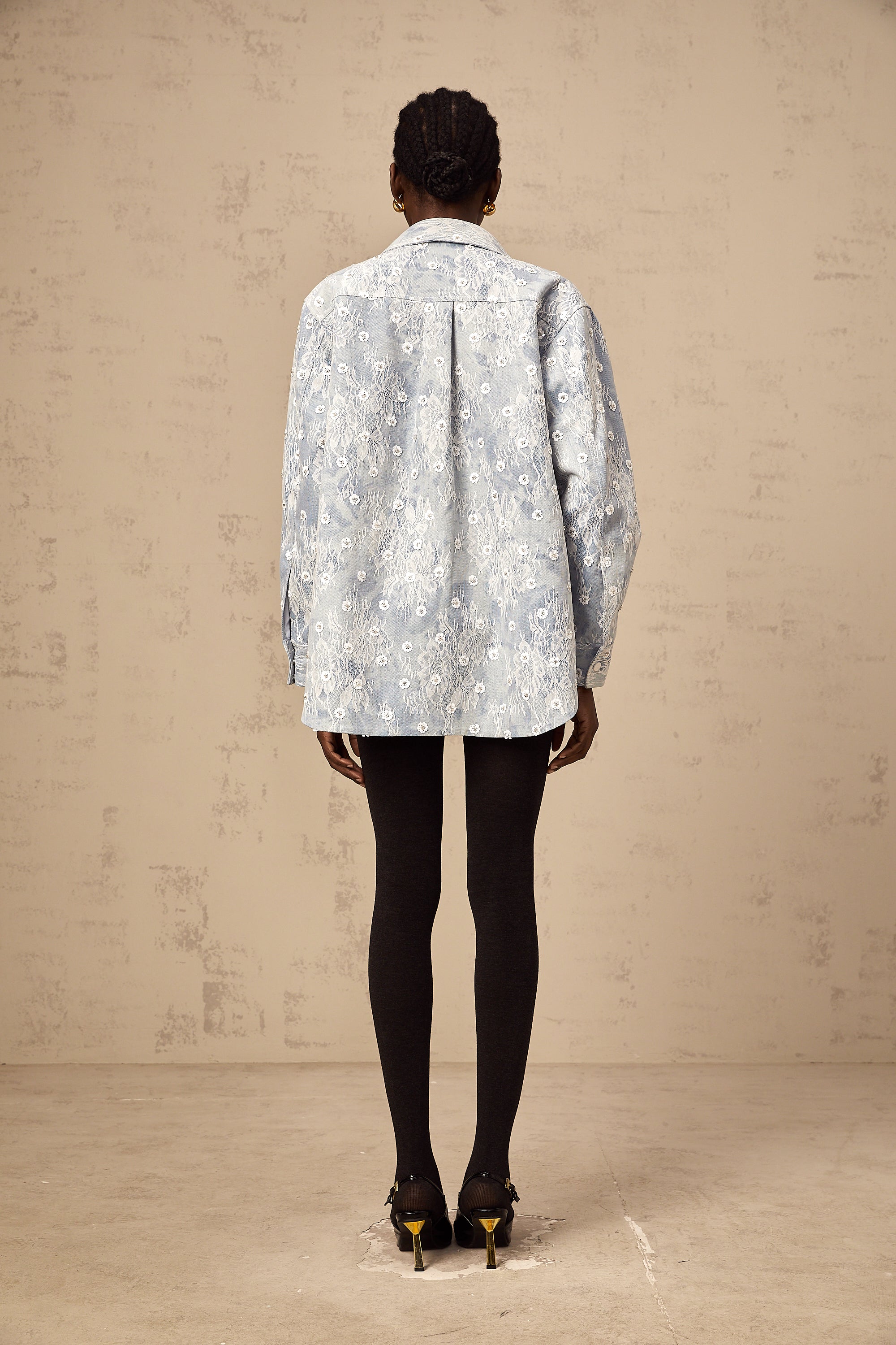 Blanche blue sequined floral-appliqué denim jacket