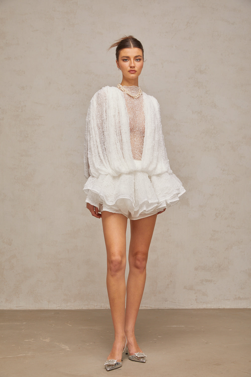 White Strapless Top and Shorts Set with Eyelet Detailing