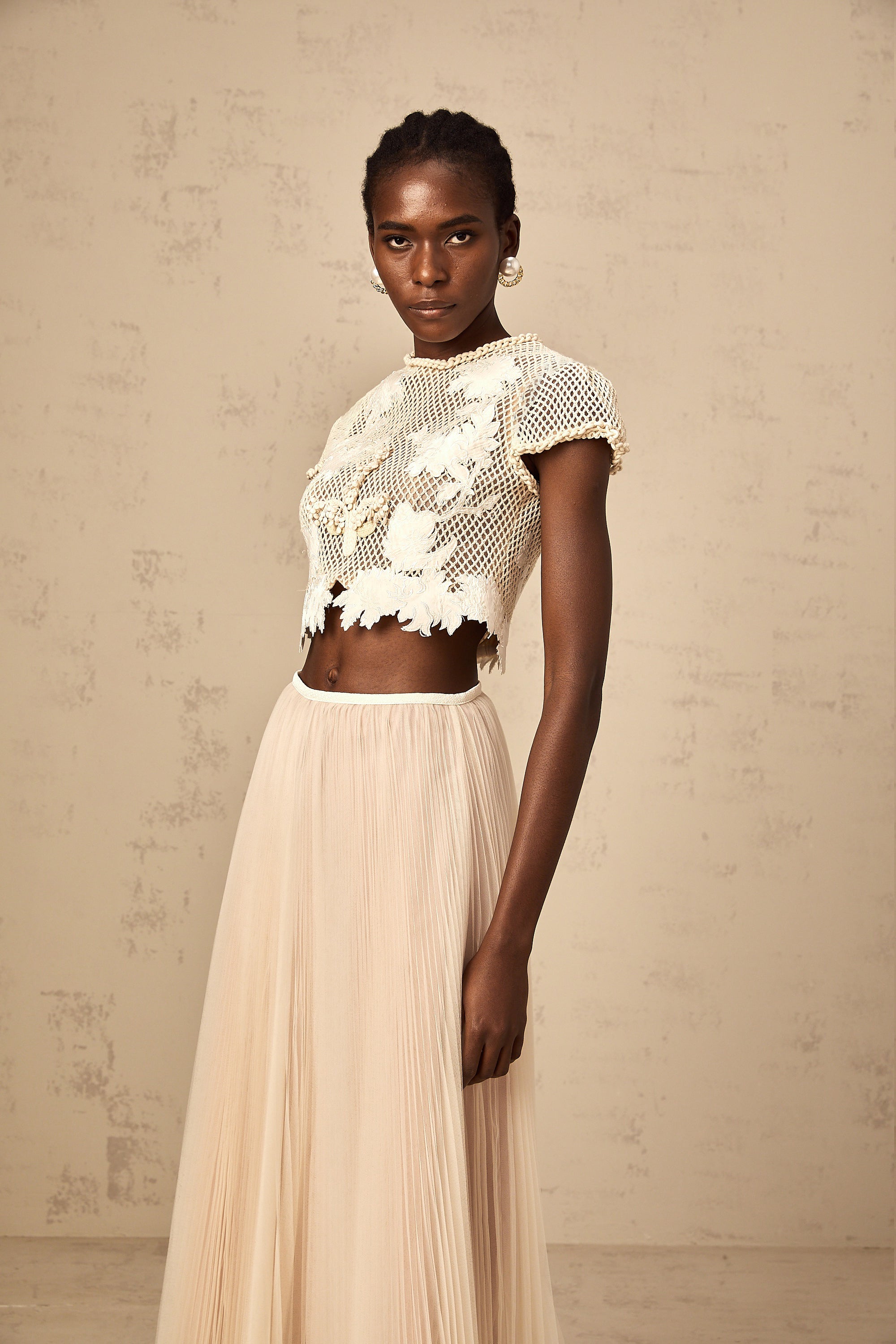 Perle neutrals floral-appliqué top & skirt matching set
