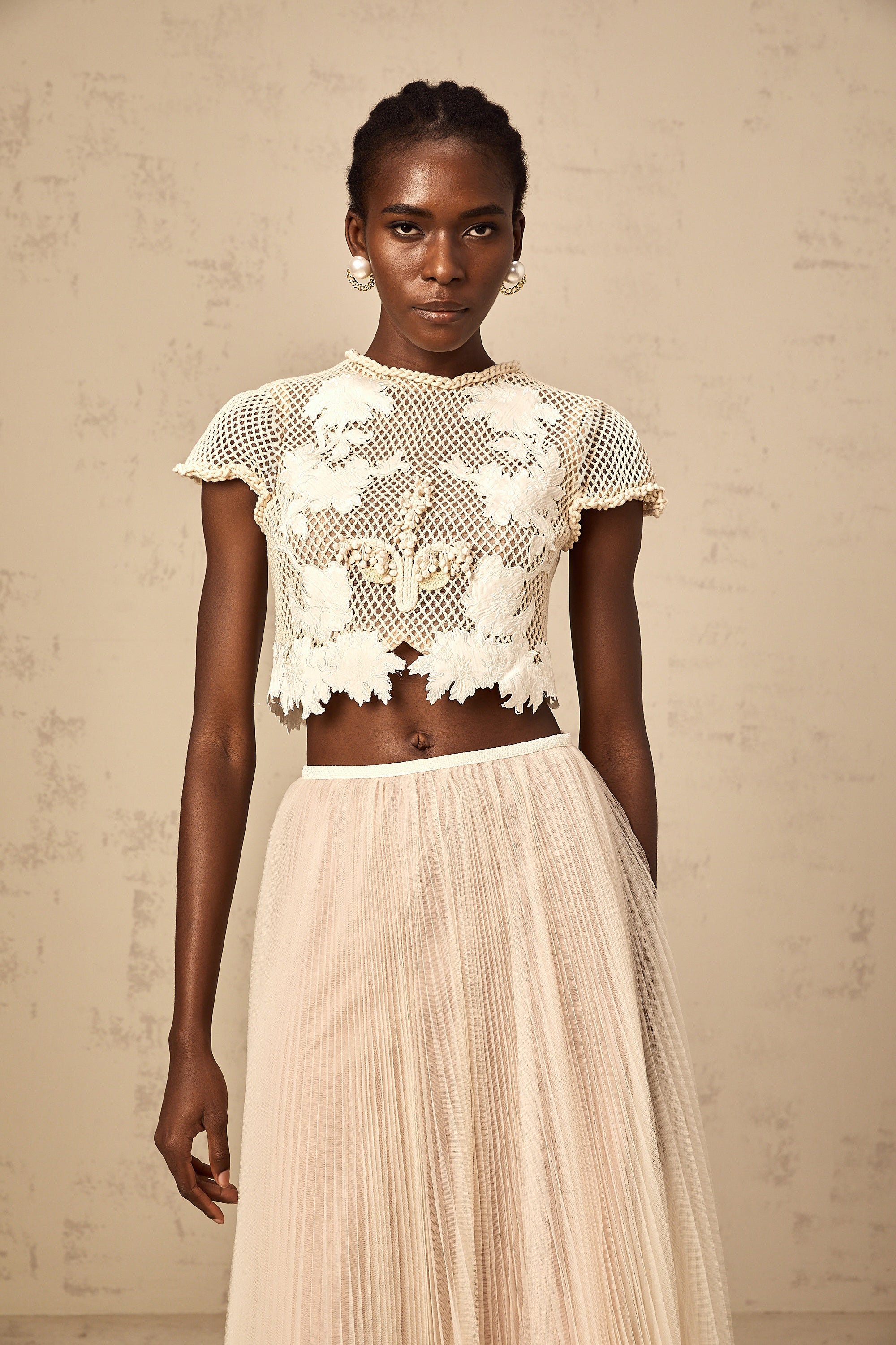 Perle neutrals floral-appliqué top & skirt matching set