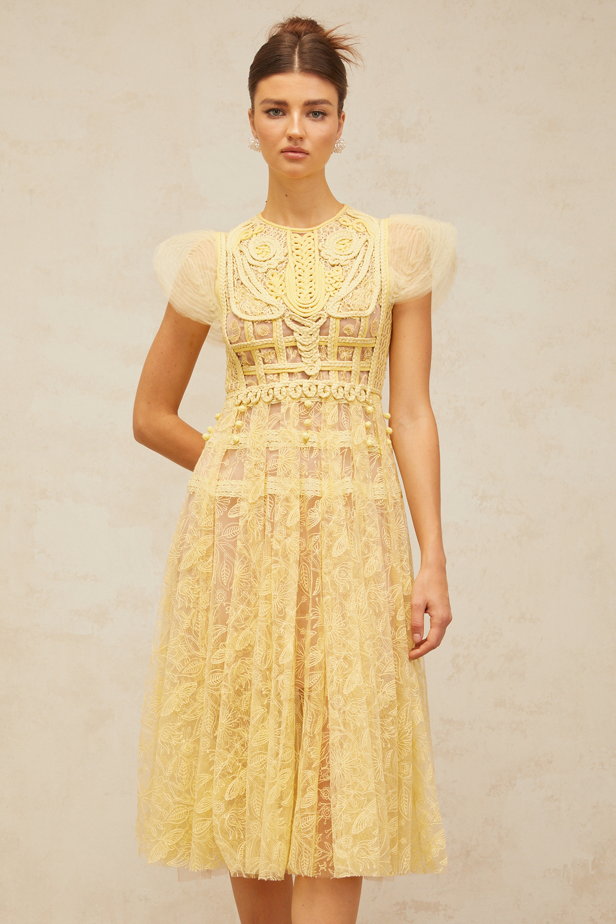 Véronique Yellow Embroidered-Lace Pleated Midi Dress S / Yellow