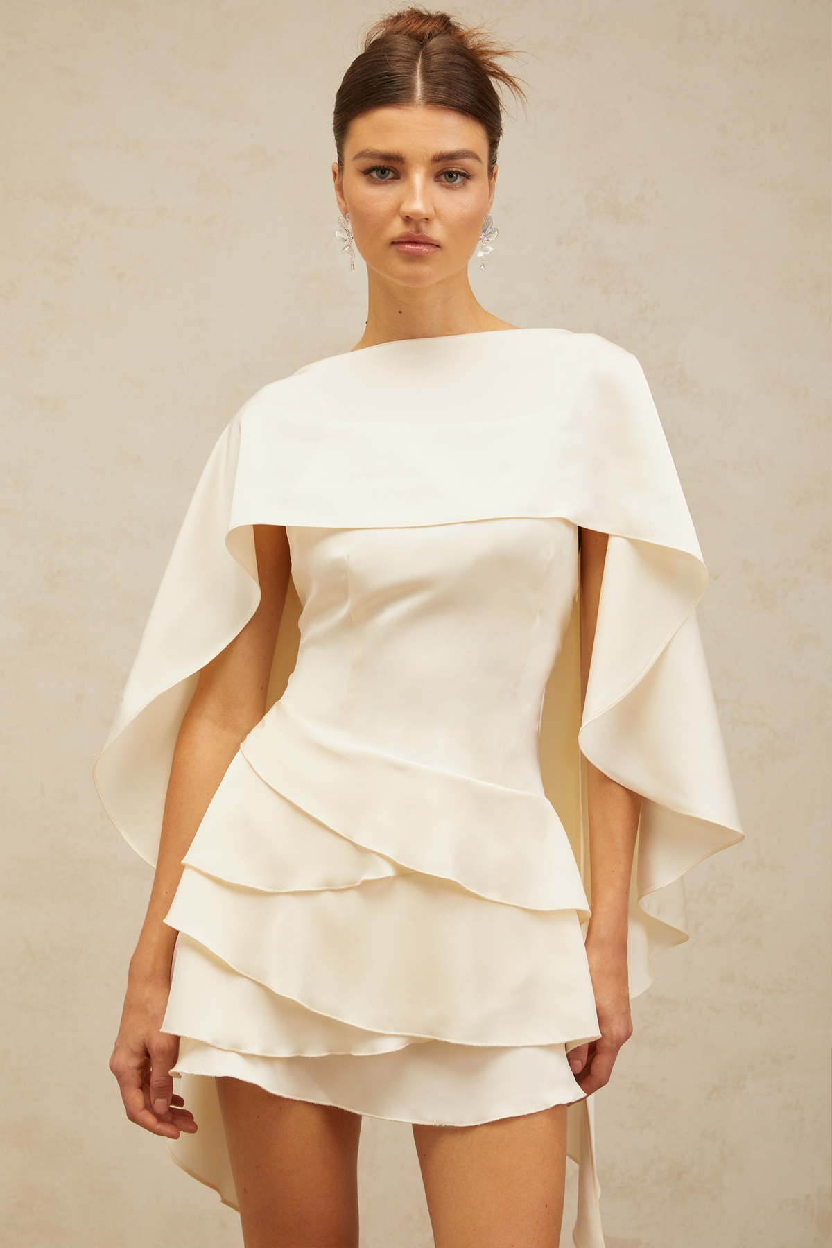 Lyna White shawl-panel ruffled satin mini dress S / White Lyna White shawl-panel ruffled satin mini dress S / White