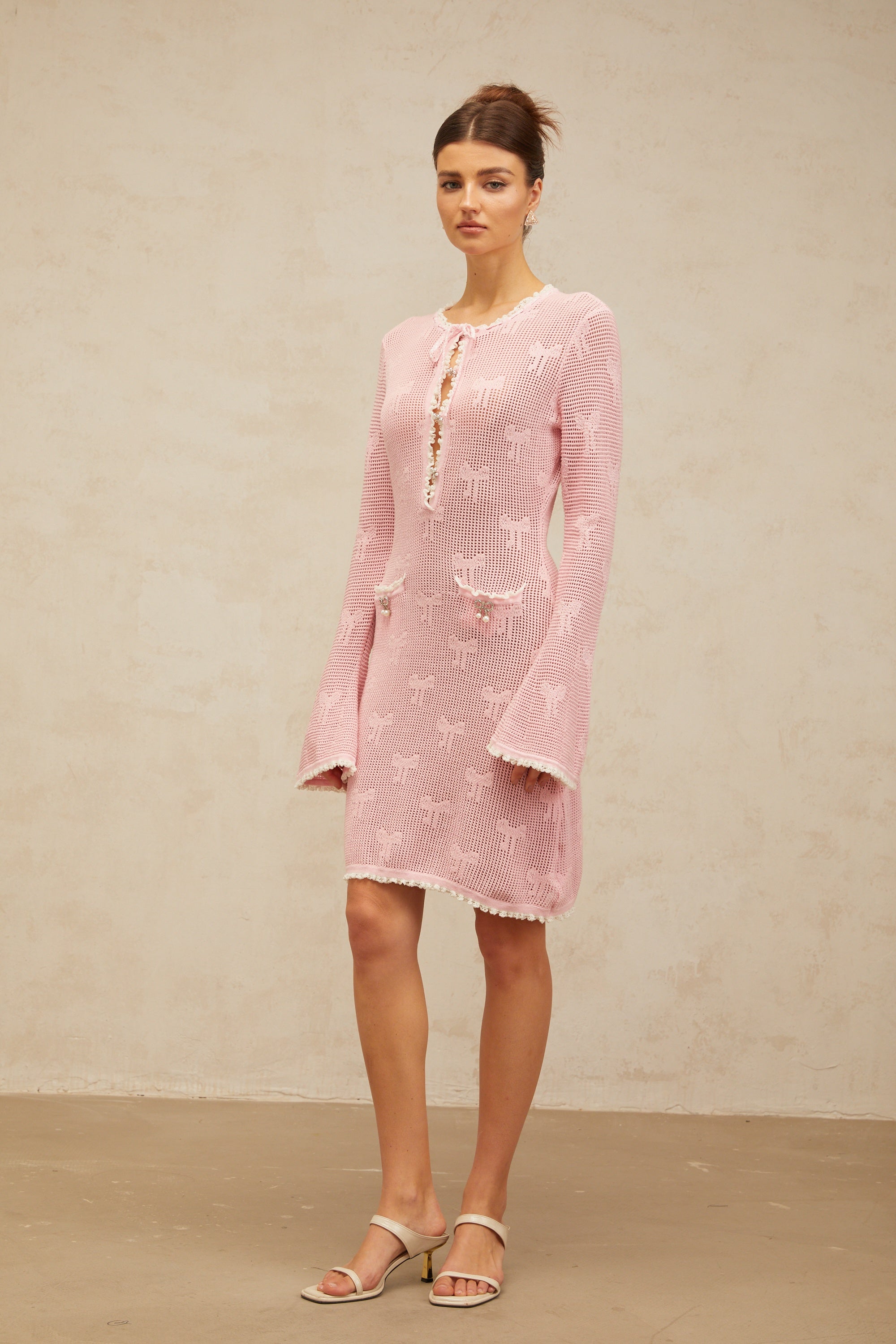 Marjolaine pink embellished crochet-knit mini dress