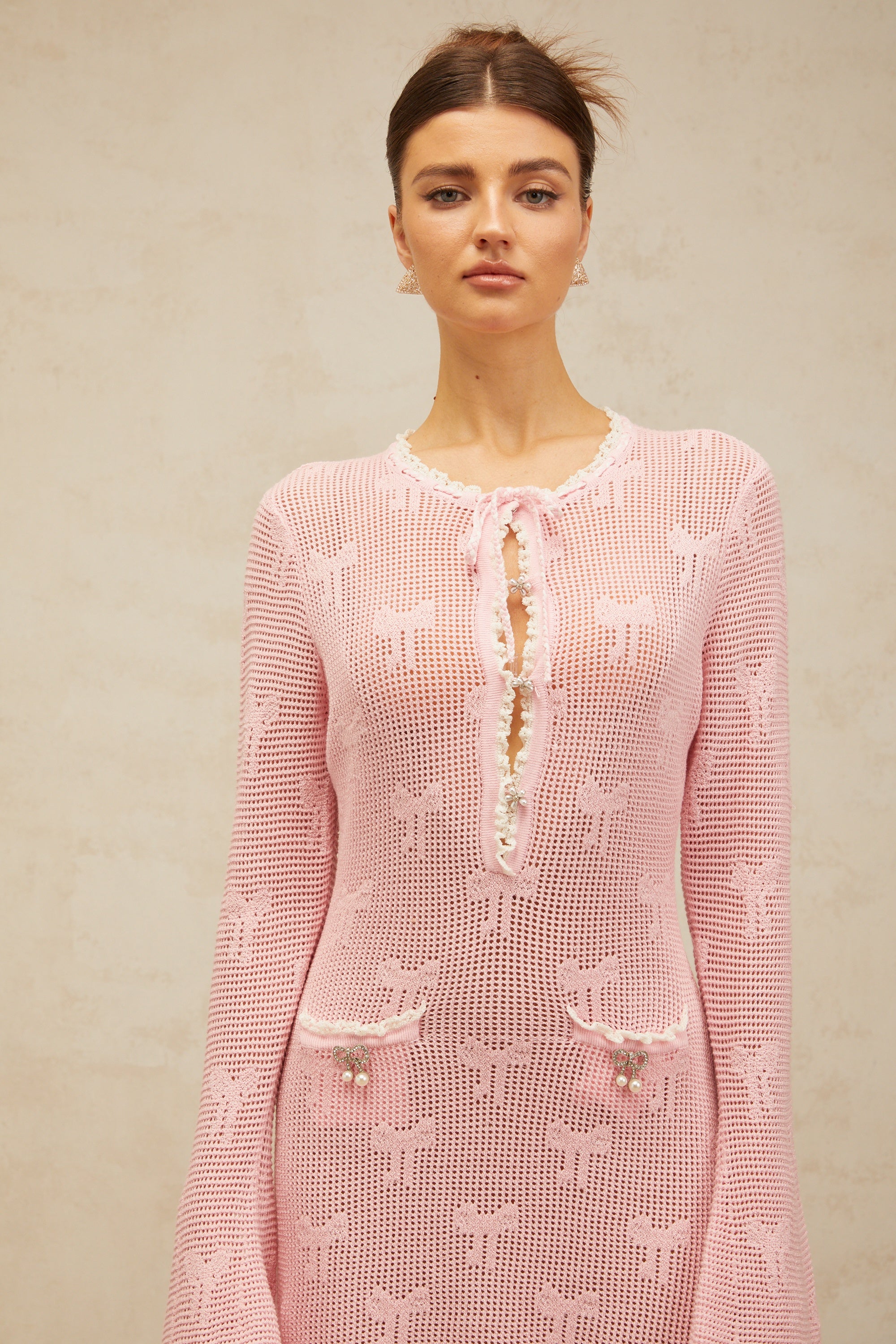 Marjolaine pink embellished crochet-knit mini dress