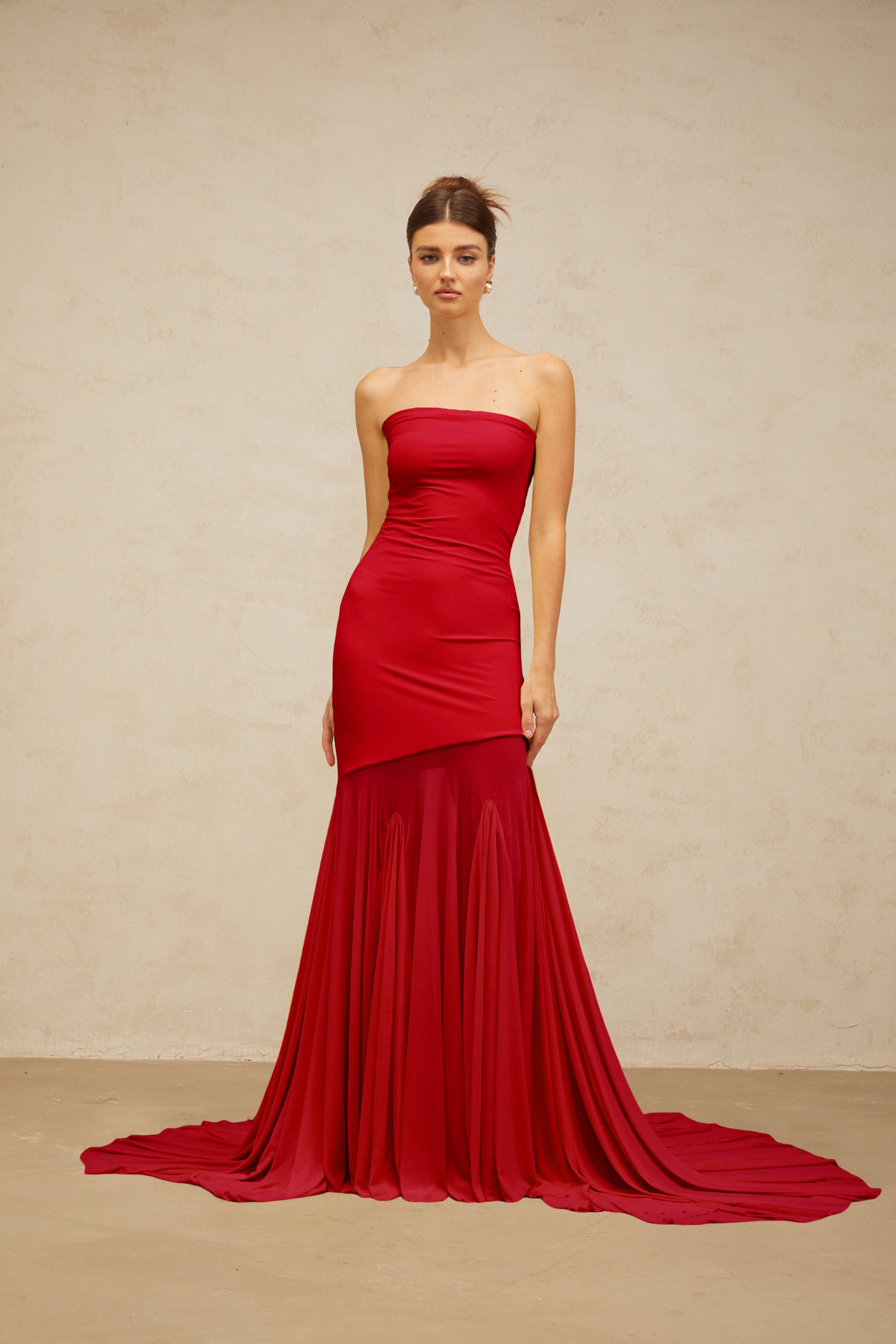 Josiane red off-shoulder sheer tulle maxi dress