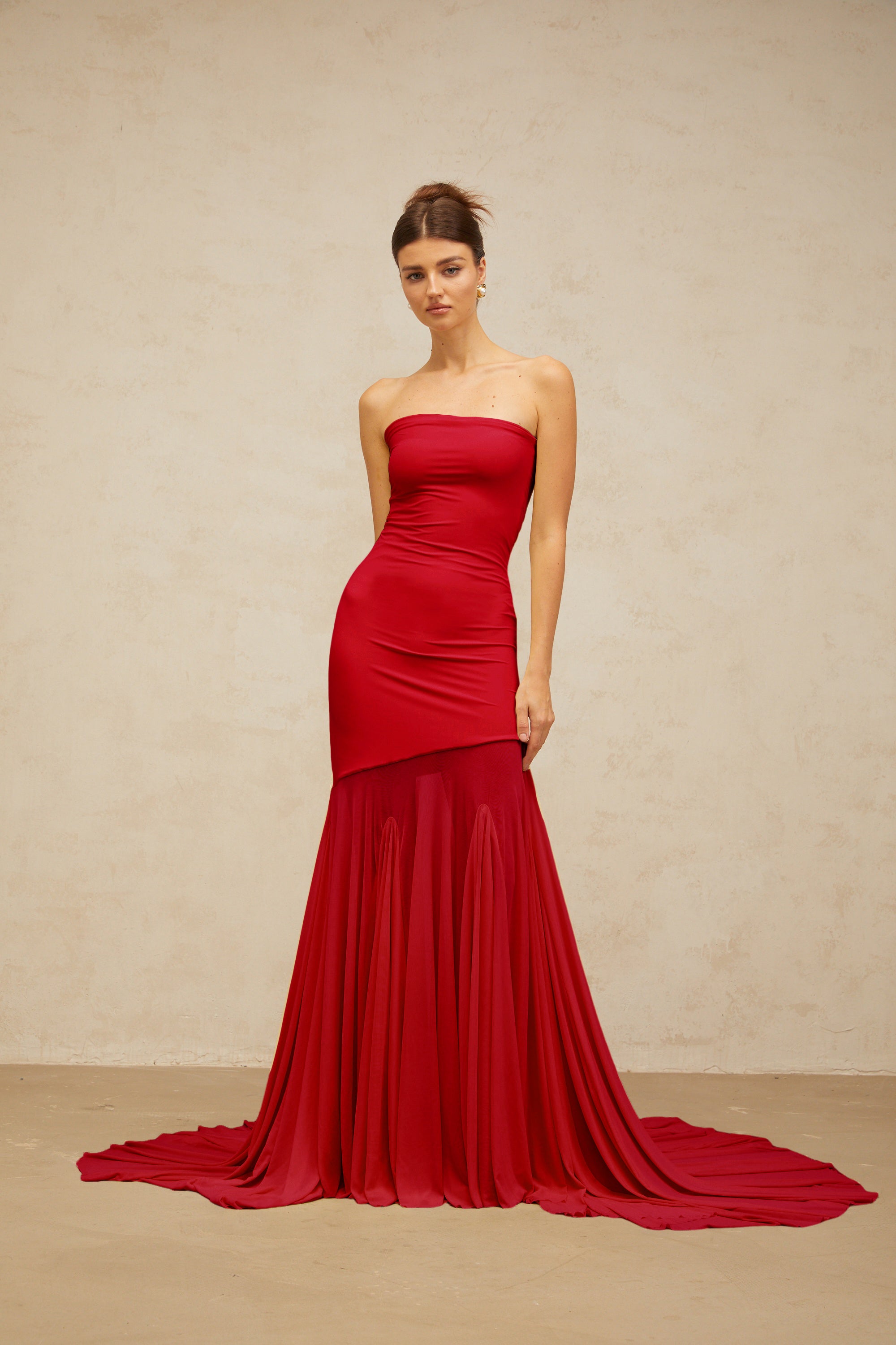 Josiane red off-shoulder sheer tulle maxi dress