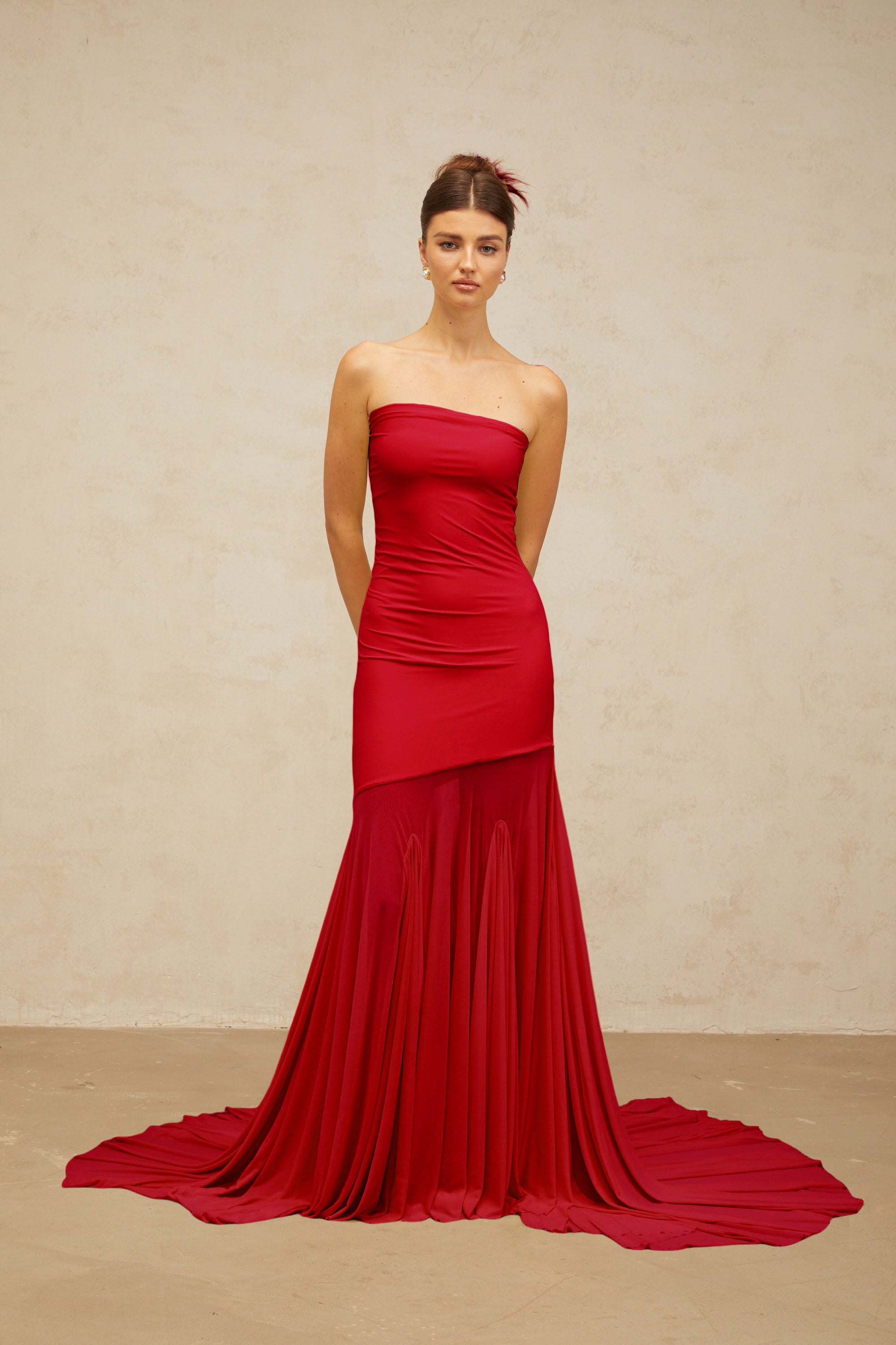 Josiane red off-shoulder sheer tulle maxi dress