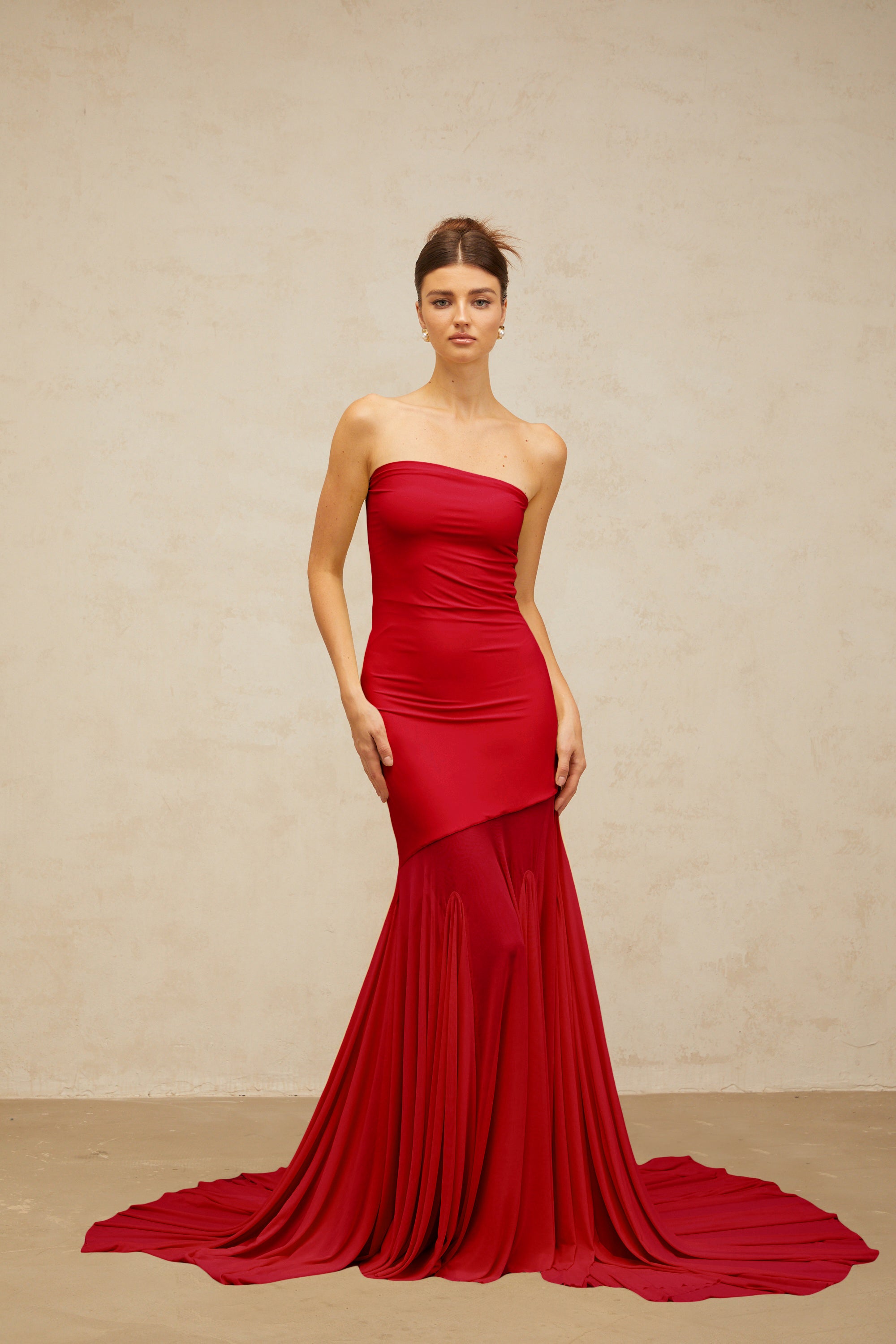 Josiane red off-shoulder sheer tulle maxi dress