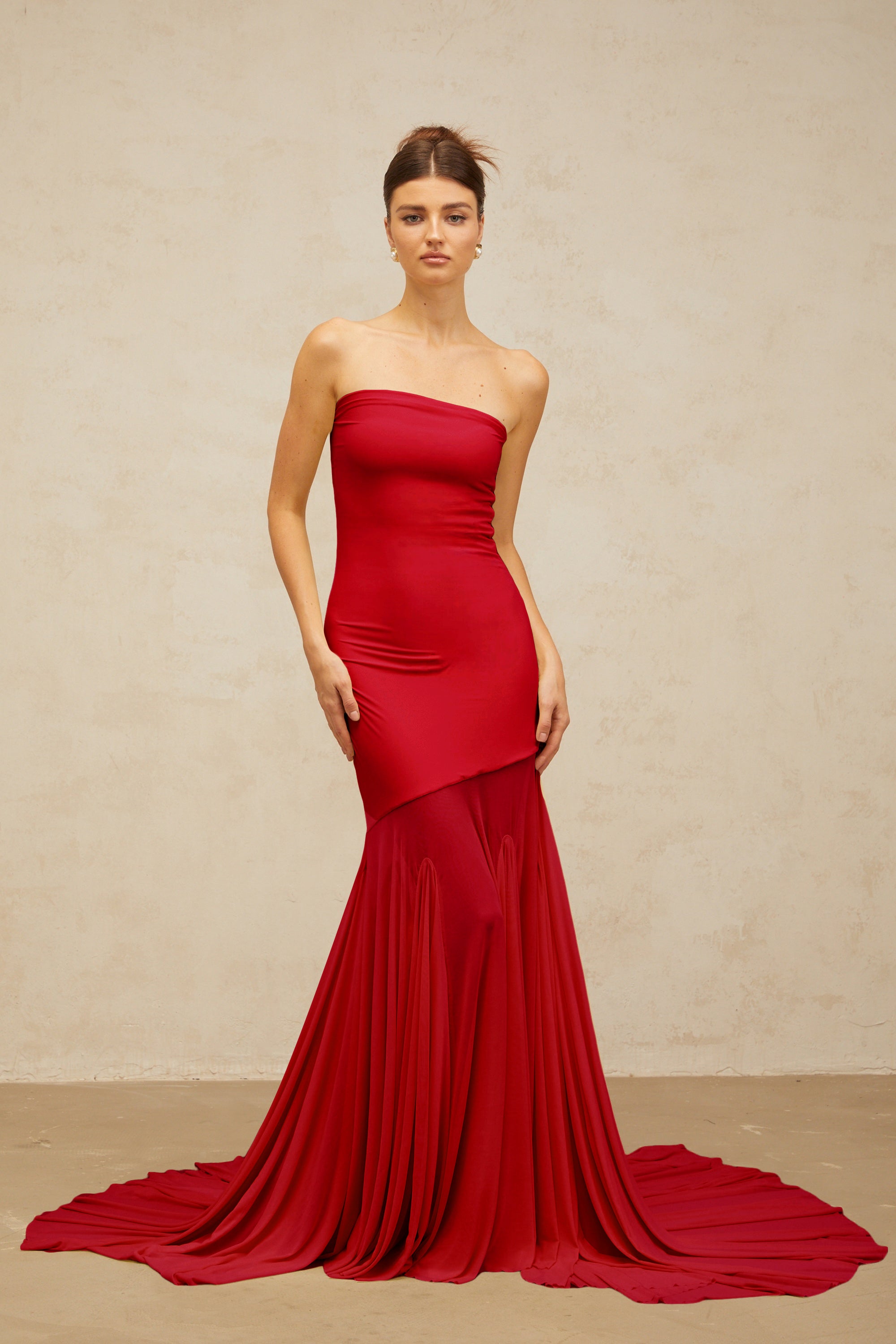 Josiane red off-shoulder sheer tulle maxi dress