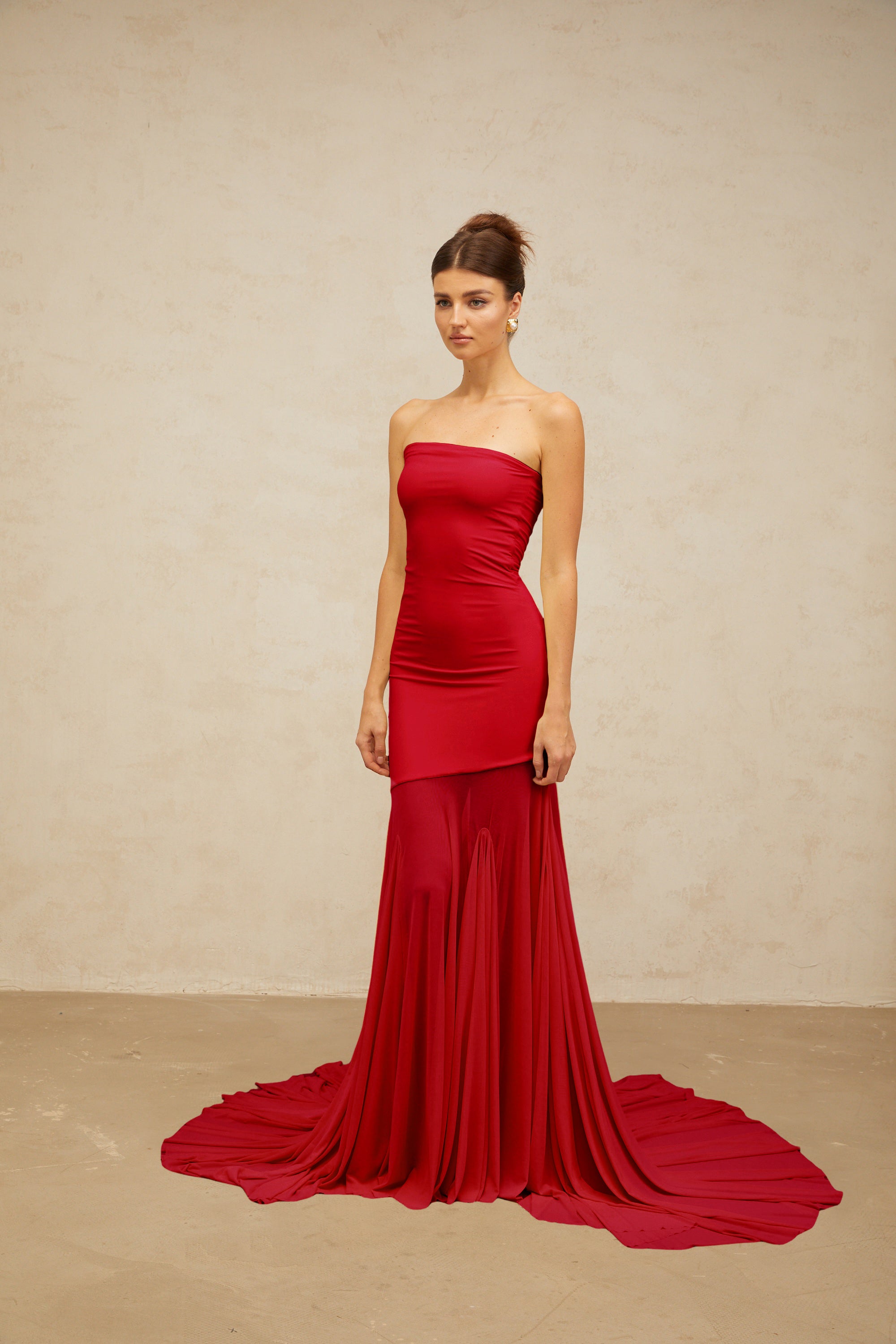 Josiane red off-shoulder sheer tulle maxi dress