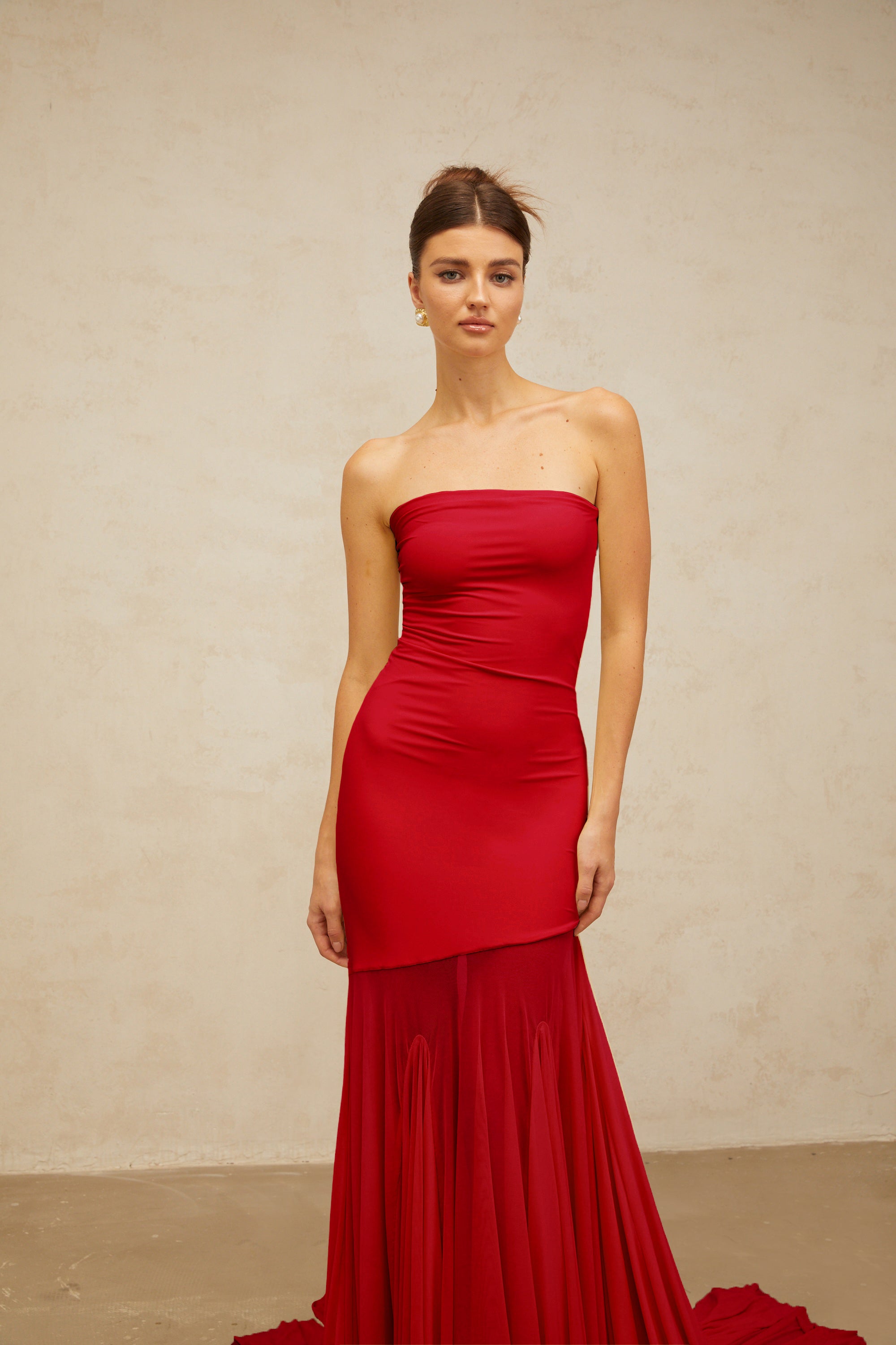 Josiane red off-shoulder sheer tulle maxi dress