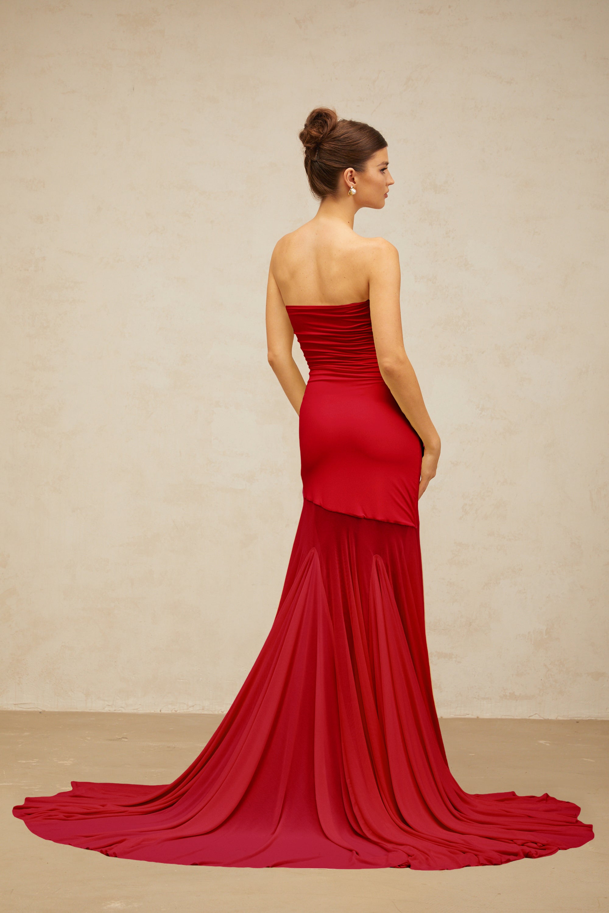 Josiane red off-shoulder sheer tulle maxi dress