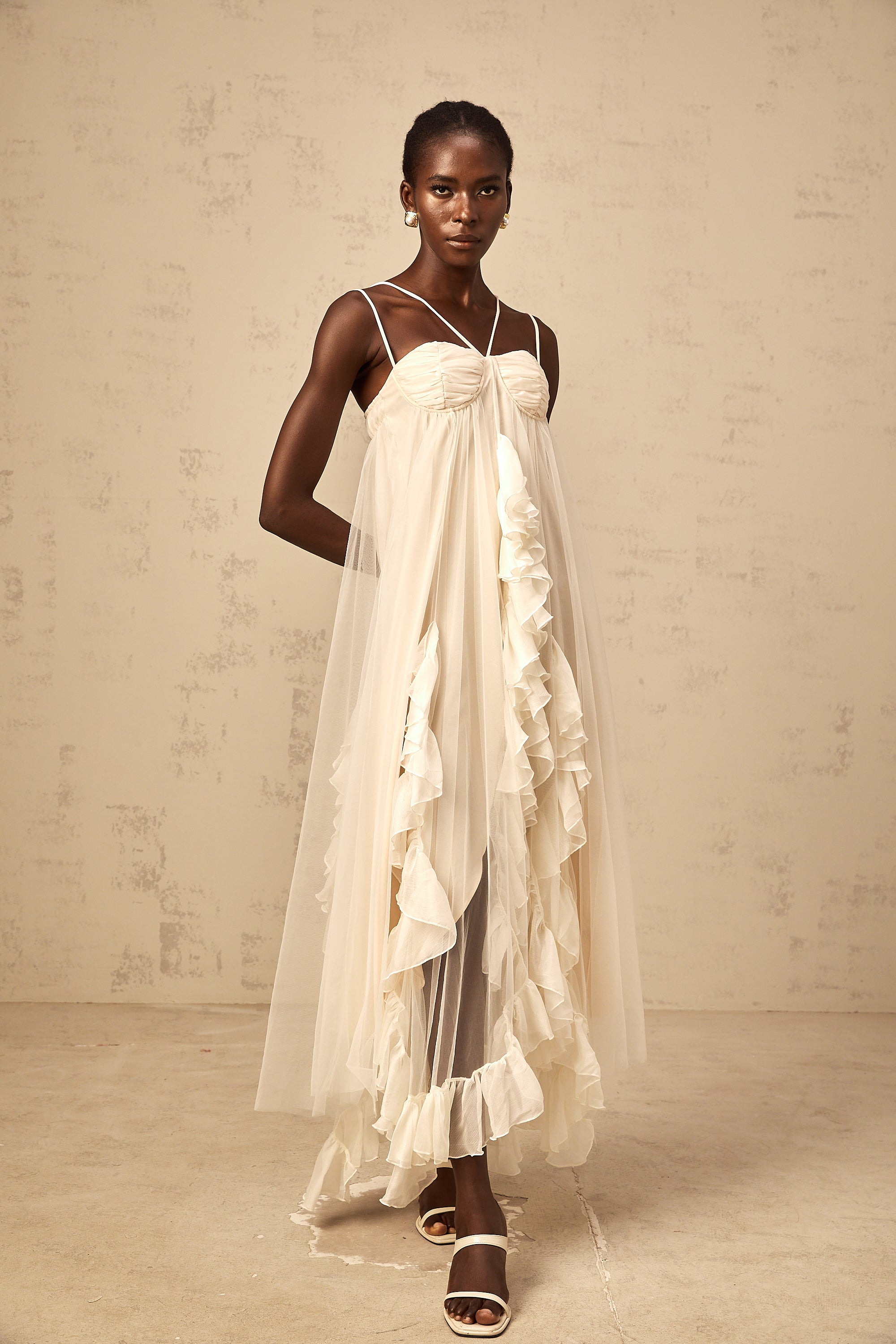 Colette layered ruffled tulle maxi dress in Neutrals