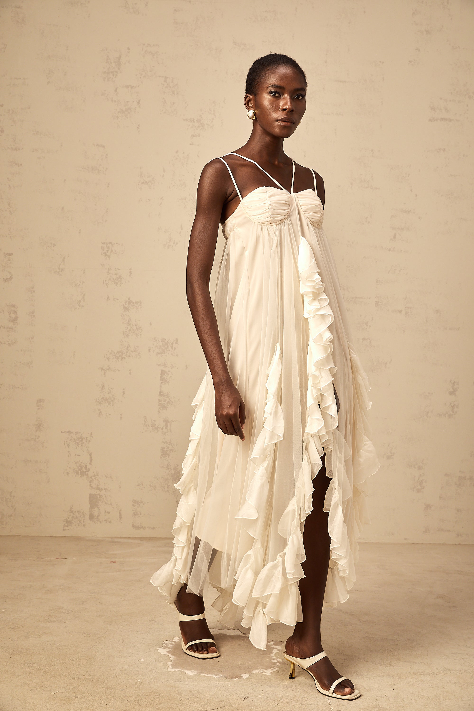 Colette layered ruffled tulle maxi dress in Neutrals