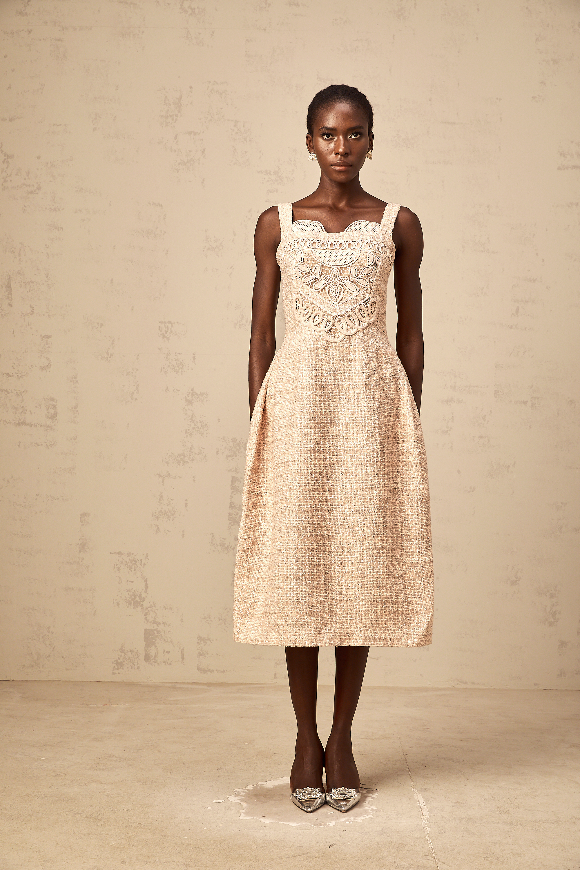 Véronica neutrals interwoven embroidered mini dress