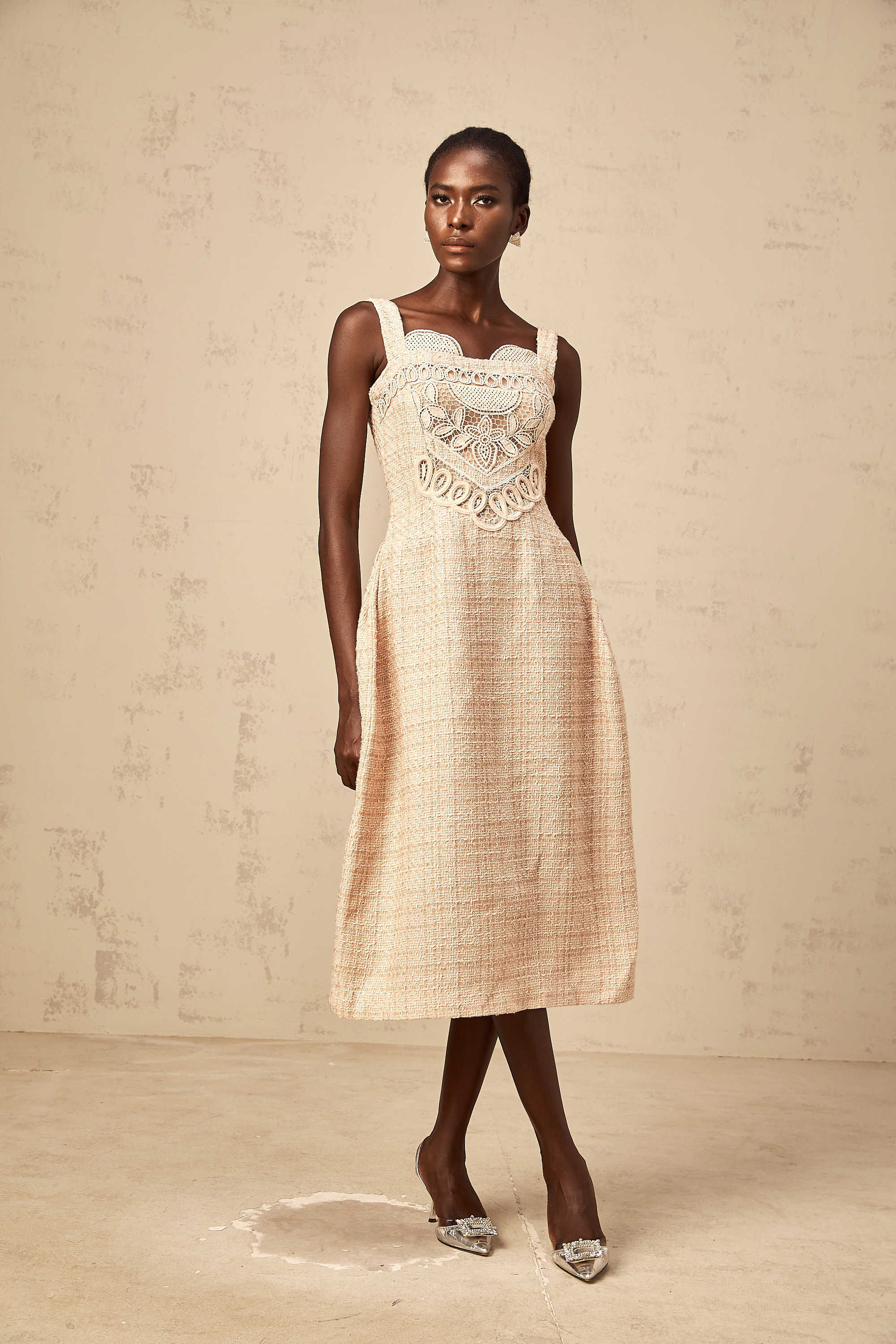 Véronica neutrals interwoven embroidered mini dress