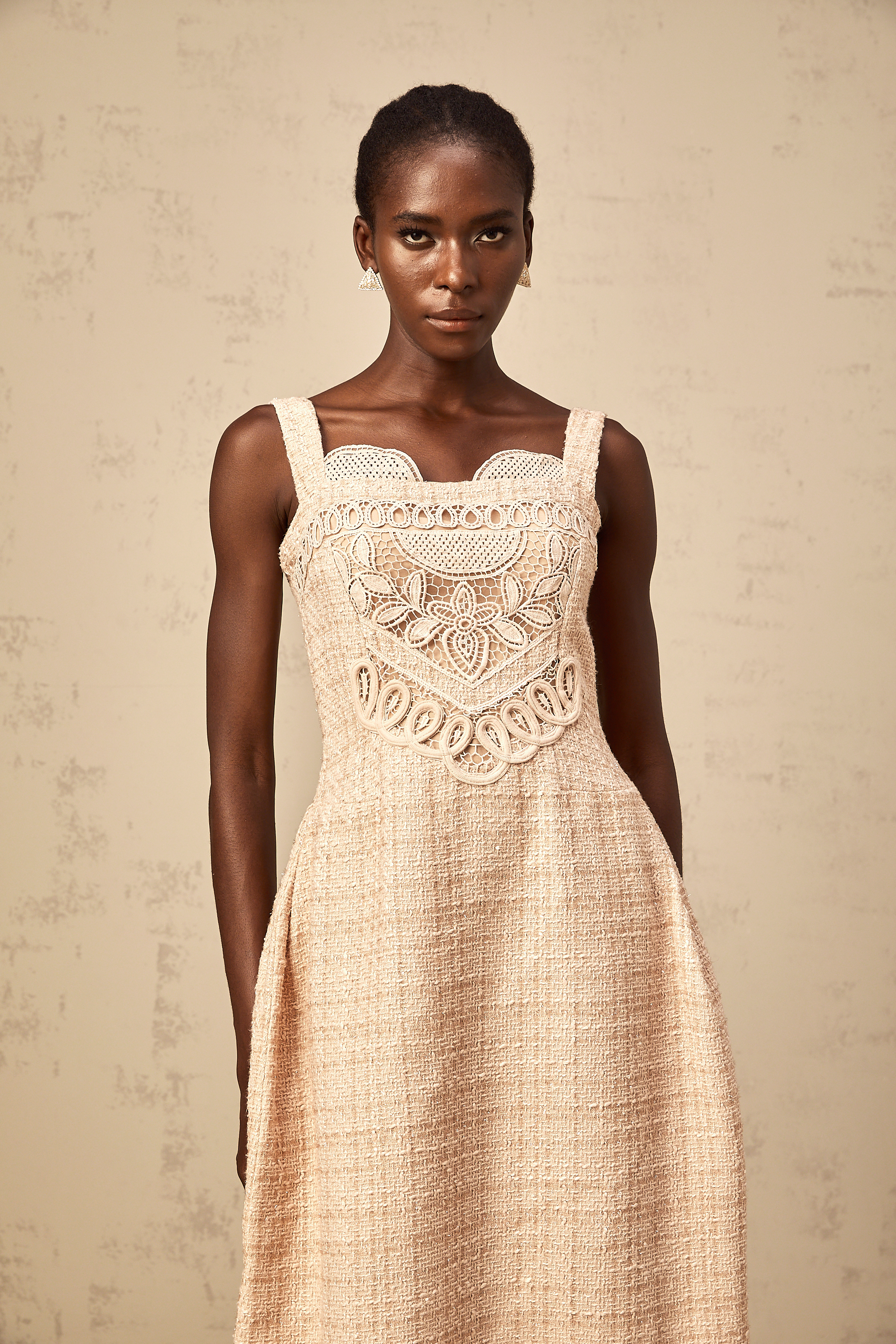 Véronica neutrals interwoven embroidered mini dress