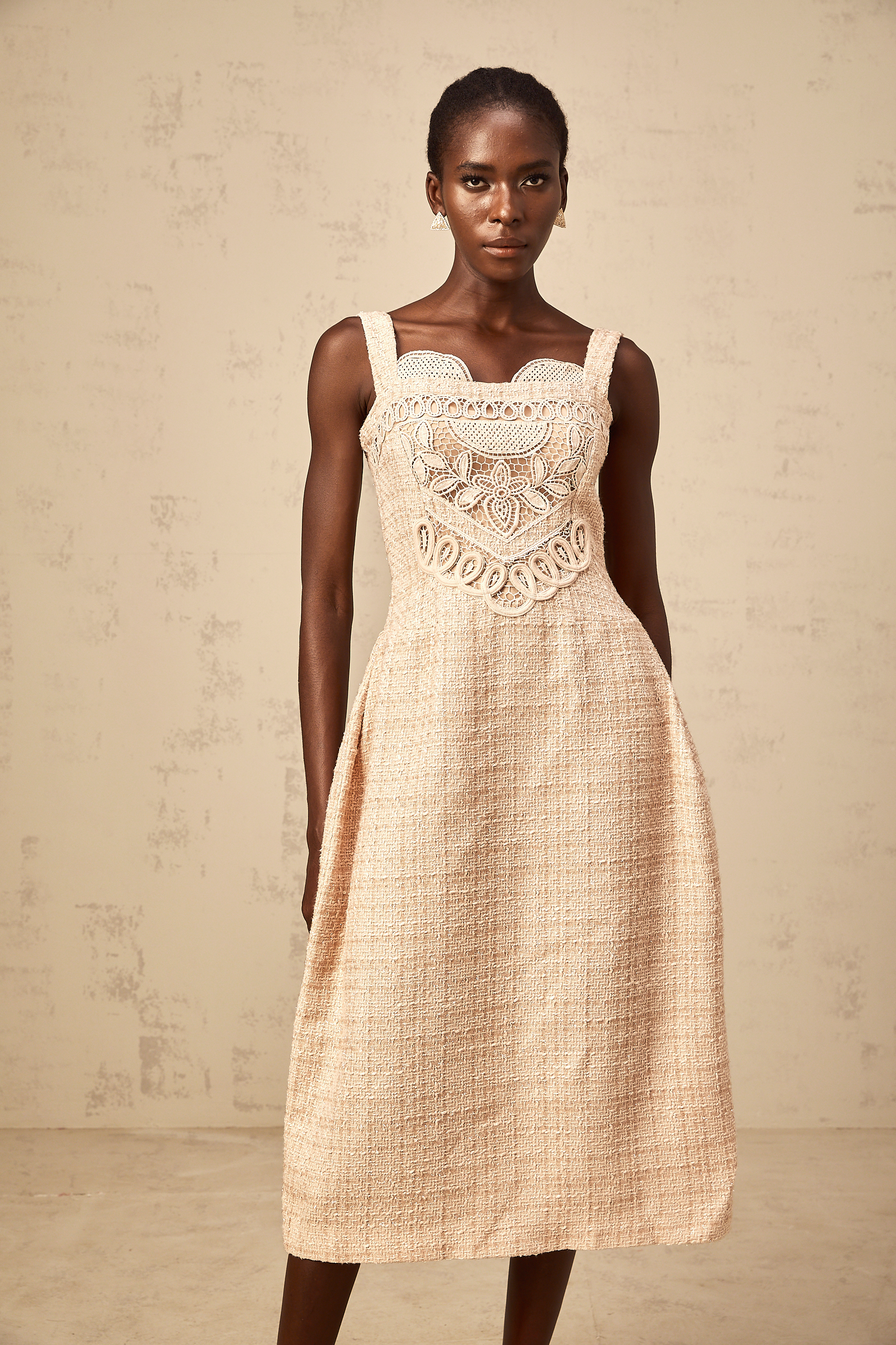 Véronica neutrals interwoven embroidered mini dress