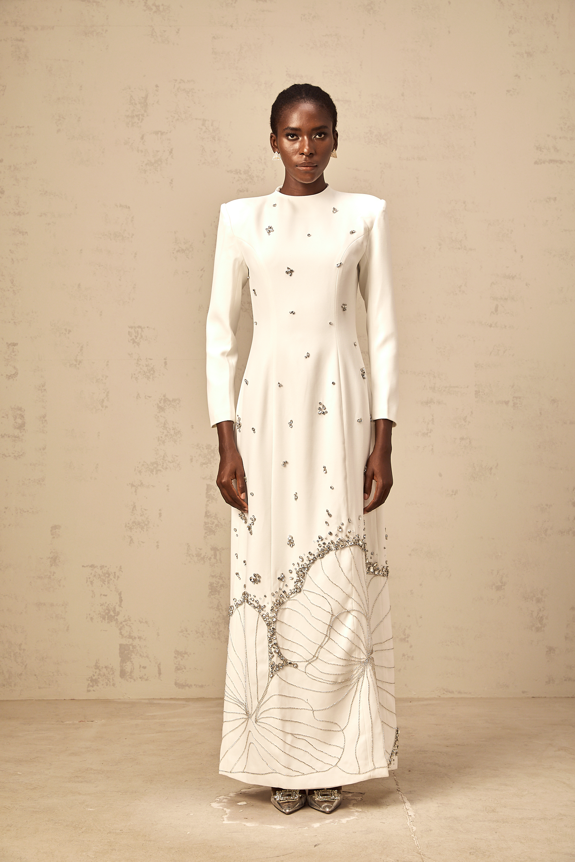 Daphné white lotus-motif embellished maxi dress