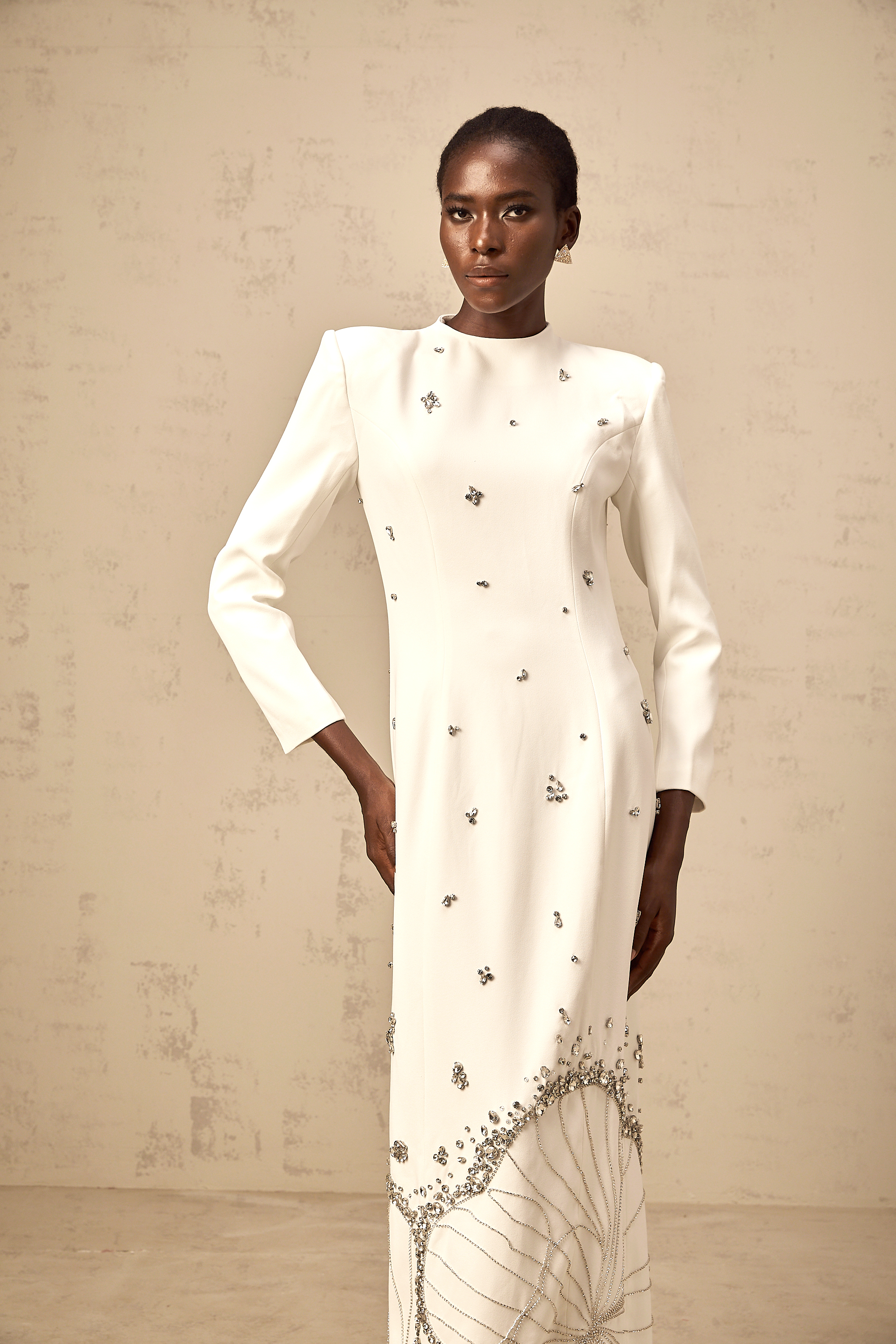 Daphné white lotus-motif embellished maxi dress