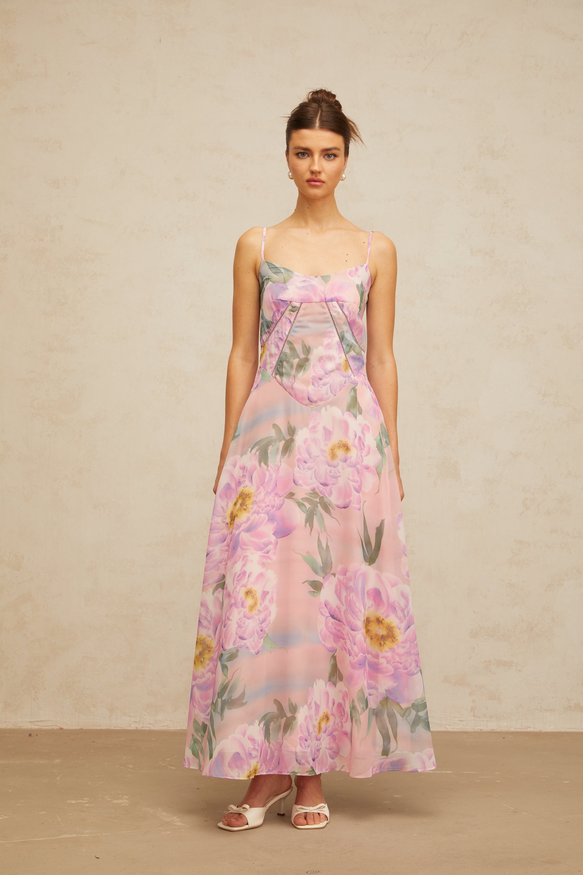 Gaëlle pink floral-print draped maxi dress