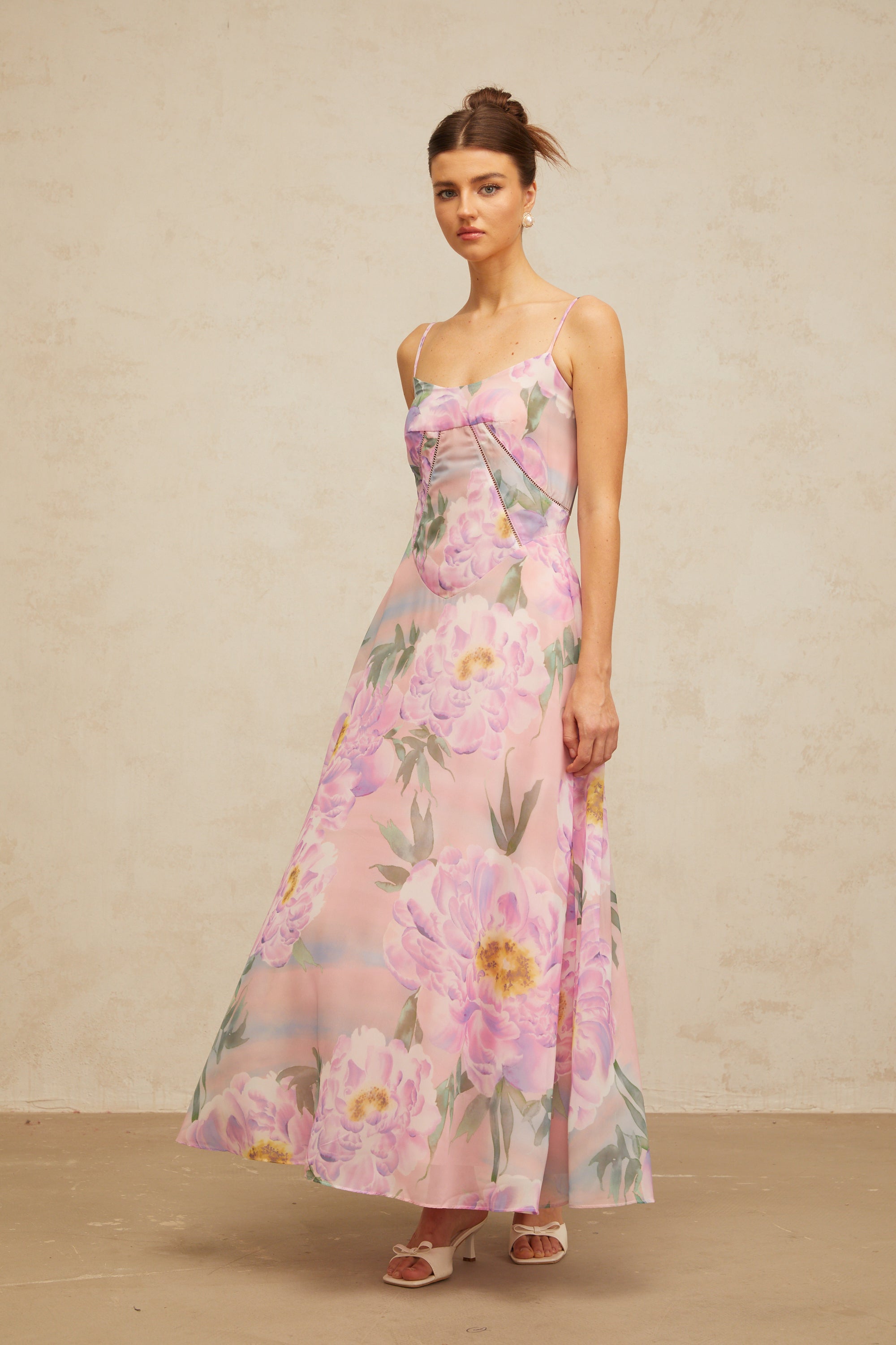Gaëlle pink floral-print draped maxi dress