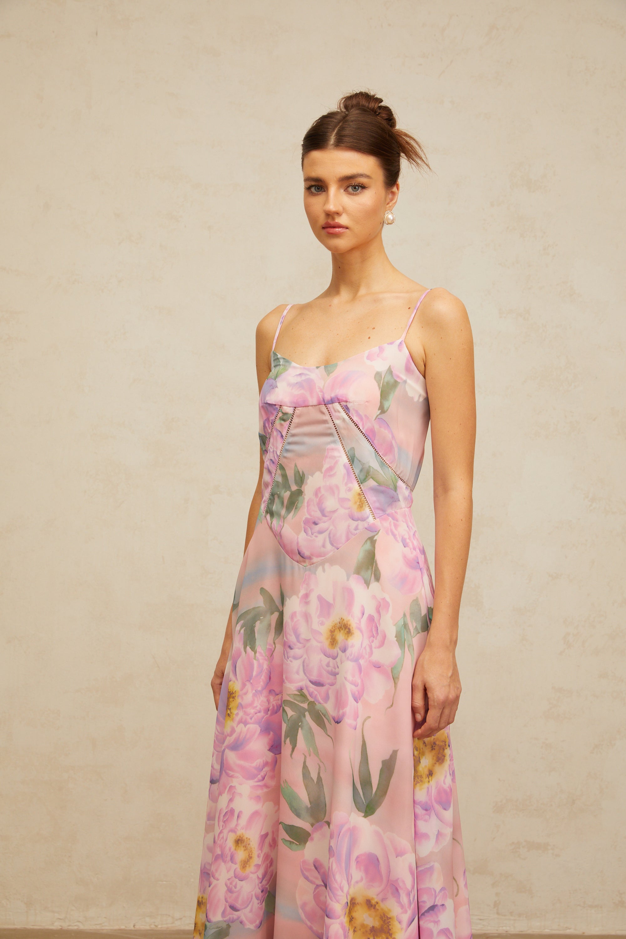 Gaëlle pink floral-print draped maxi dress