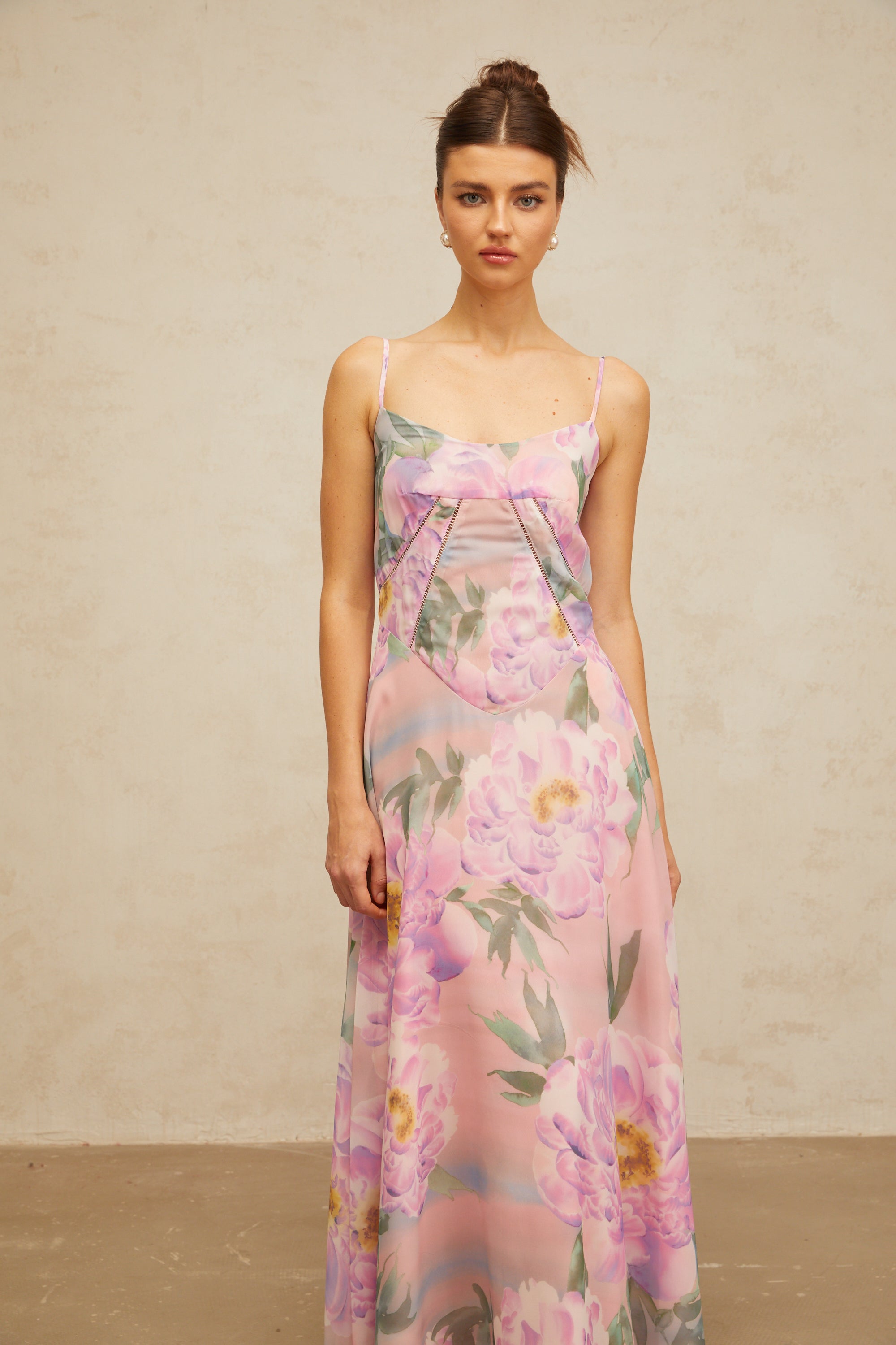 Gaëlle pink floral-print draped maxi dress