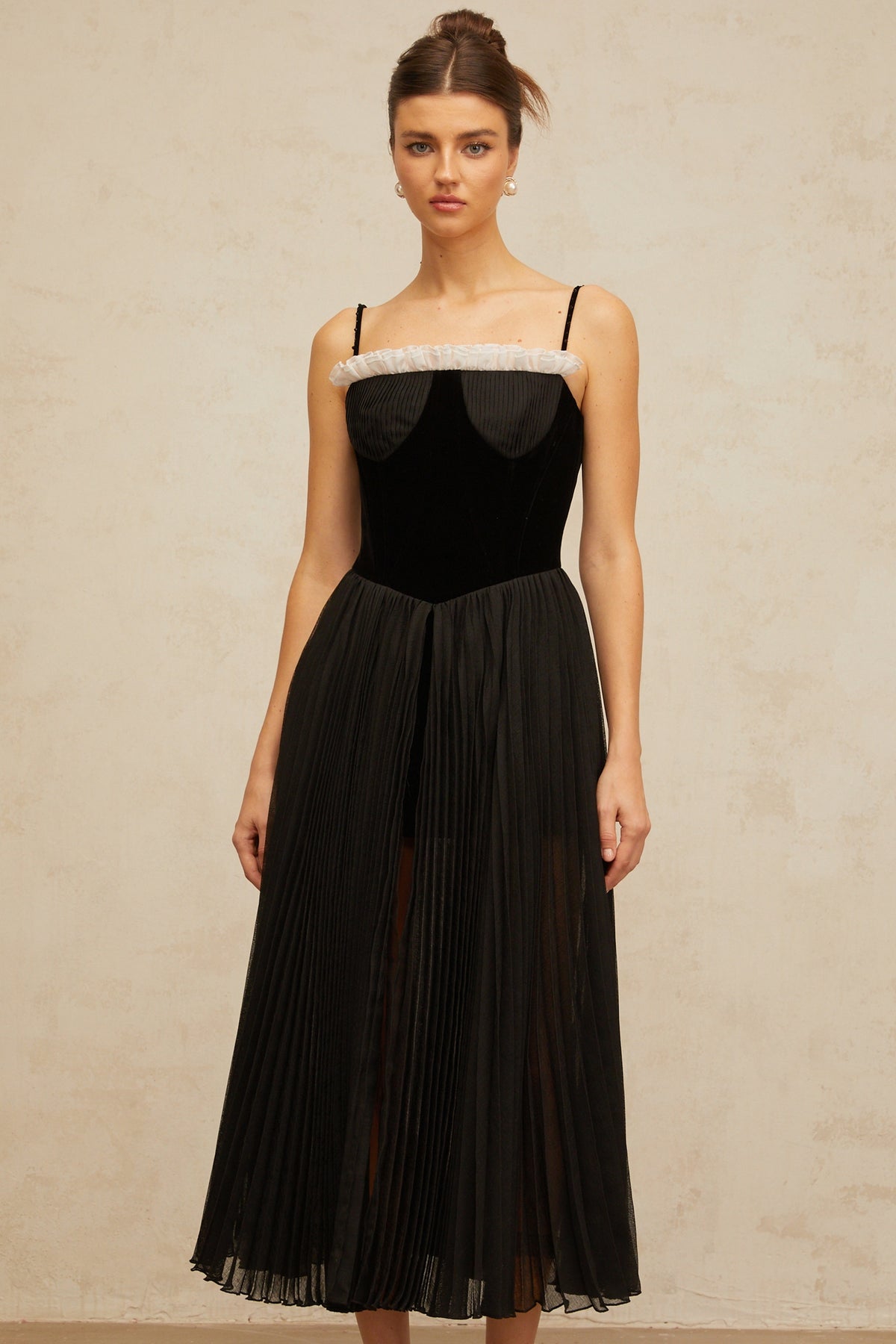 Clémence Black Velvet-Panel Pleated Midi Dress, L / Black