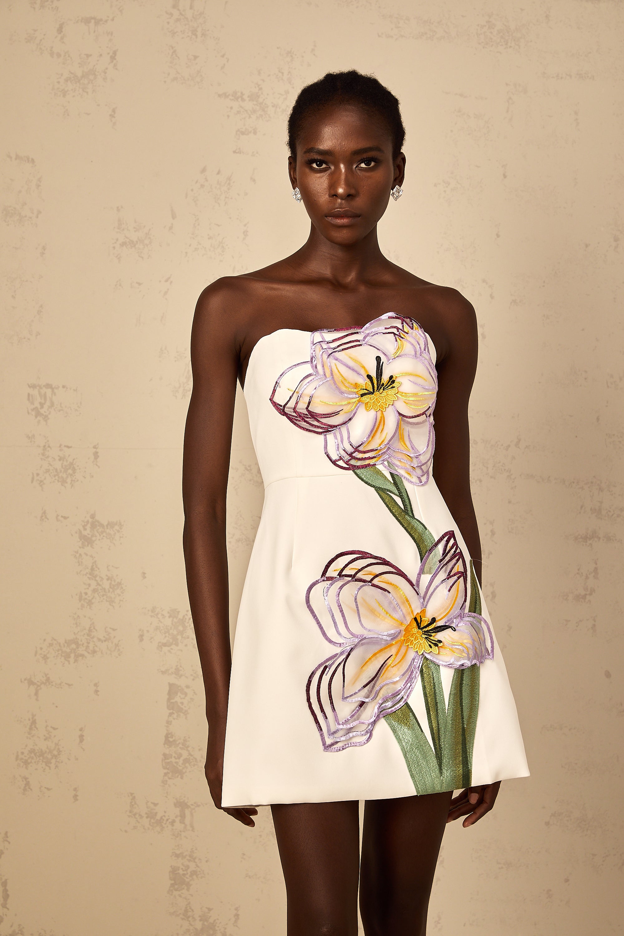 Irène White Off-Shoulder Sequin Floral Embroidered Mini Dress