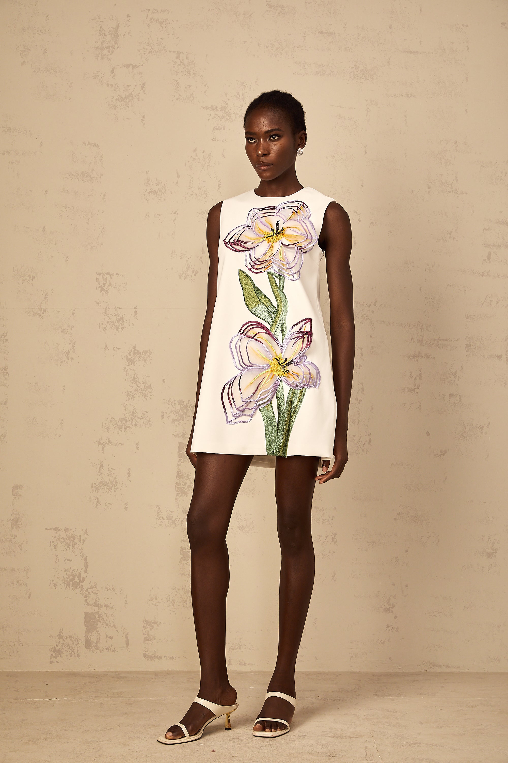 Irène White Sequin Floral Embroidered Mini Dress