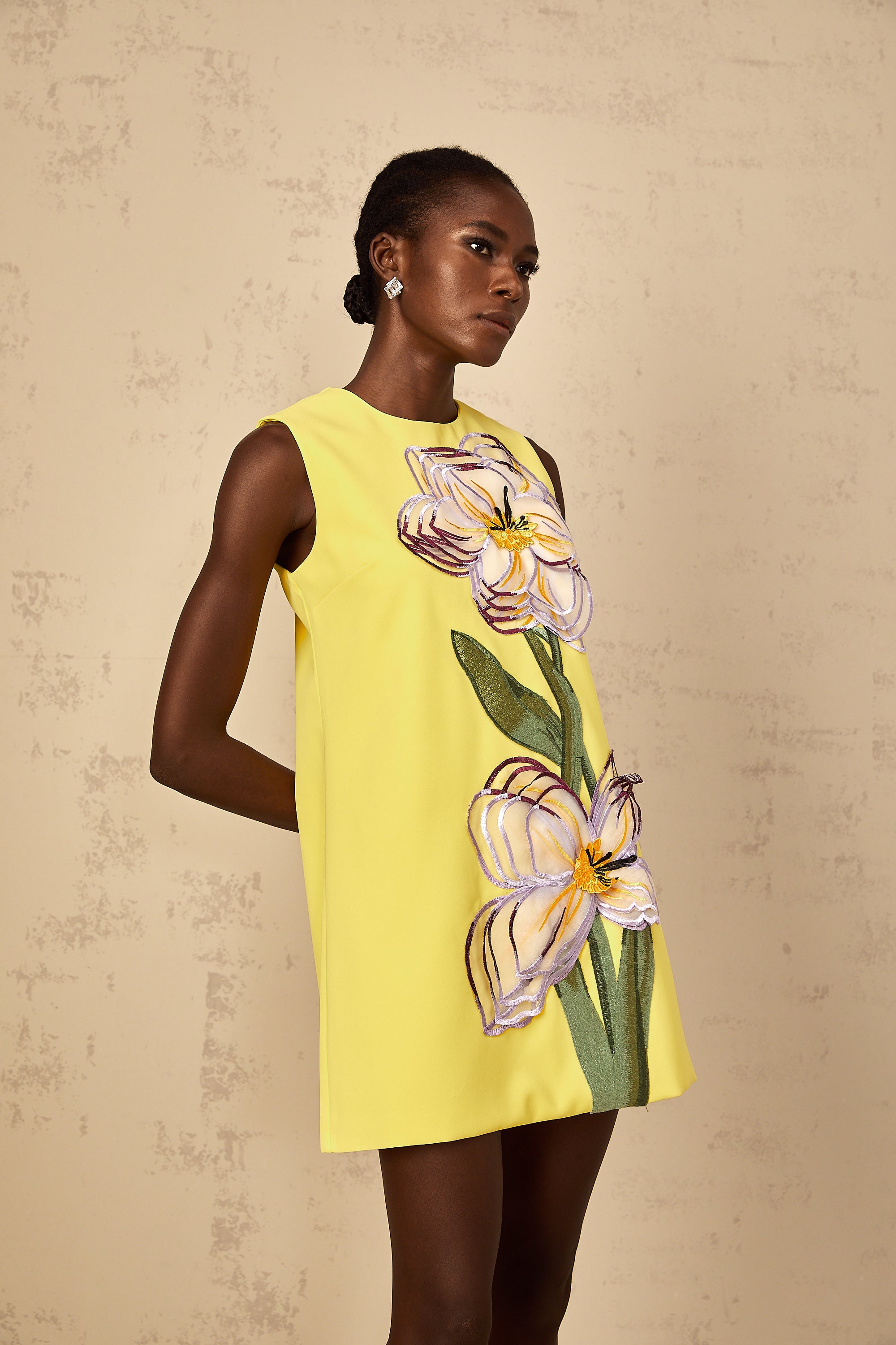 Irène Yellow Sequin Floral Embroidered Mini Dress