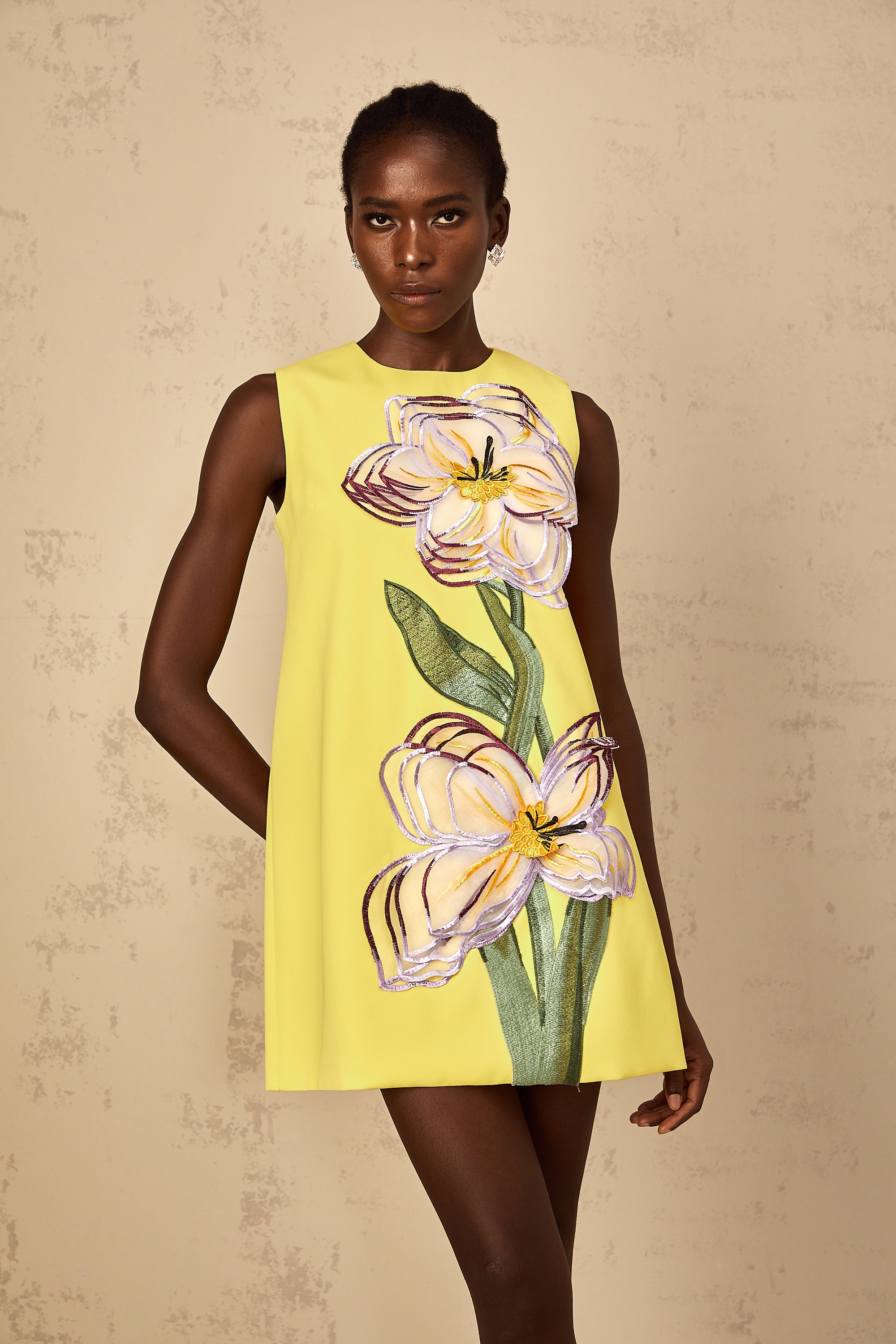 Irène Yellow Sequin Floral Embroidered Mini Dress