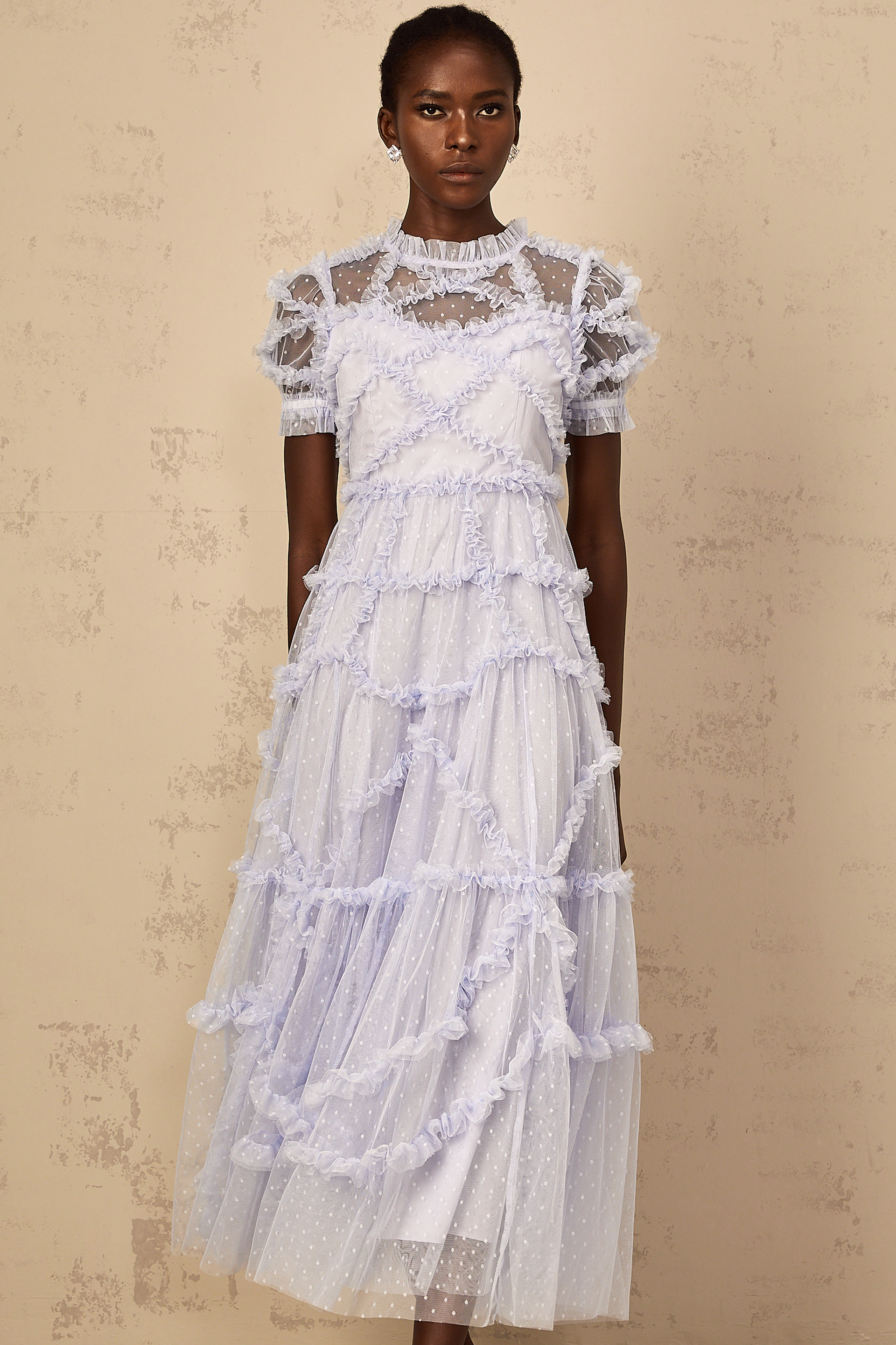 Annabelle Blue Polka Dot Ruffled Tulle Maxi Dress Annabelle Blue Polka Dot Ruffled Tulle Maxi Dress