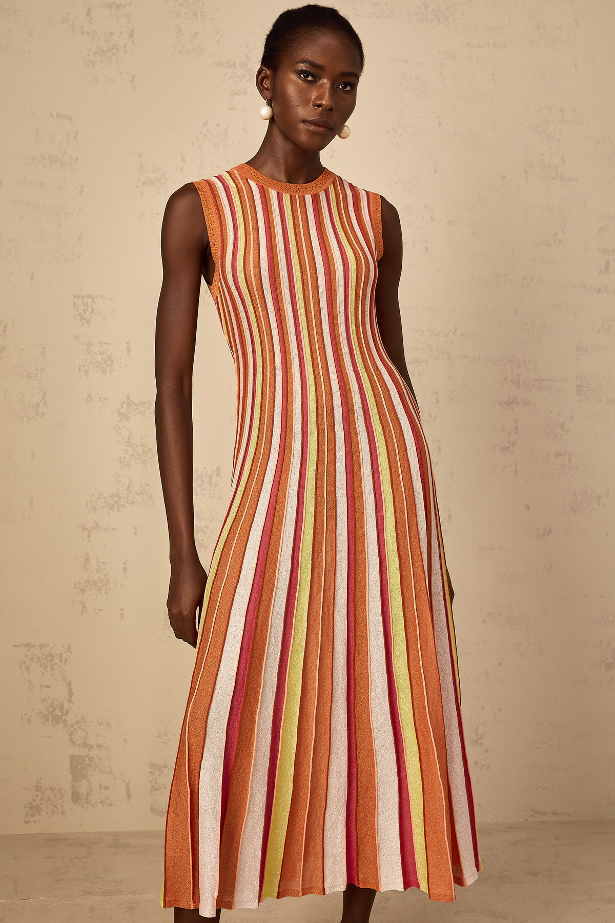 pink greek key and orange chain striped print midi dress Pink Greek Key Orange Chain Striped Midi Dress Size Large