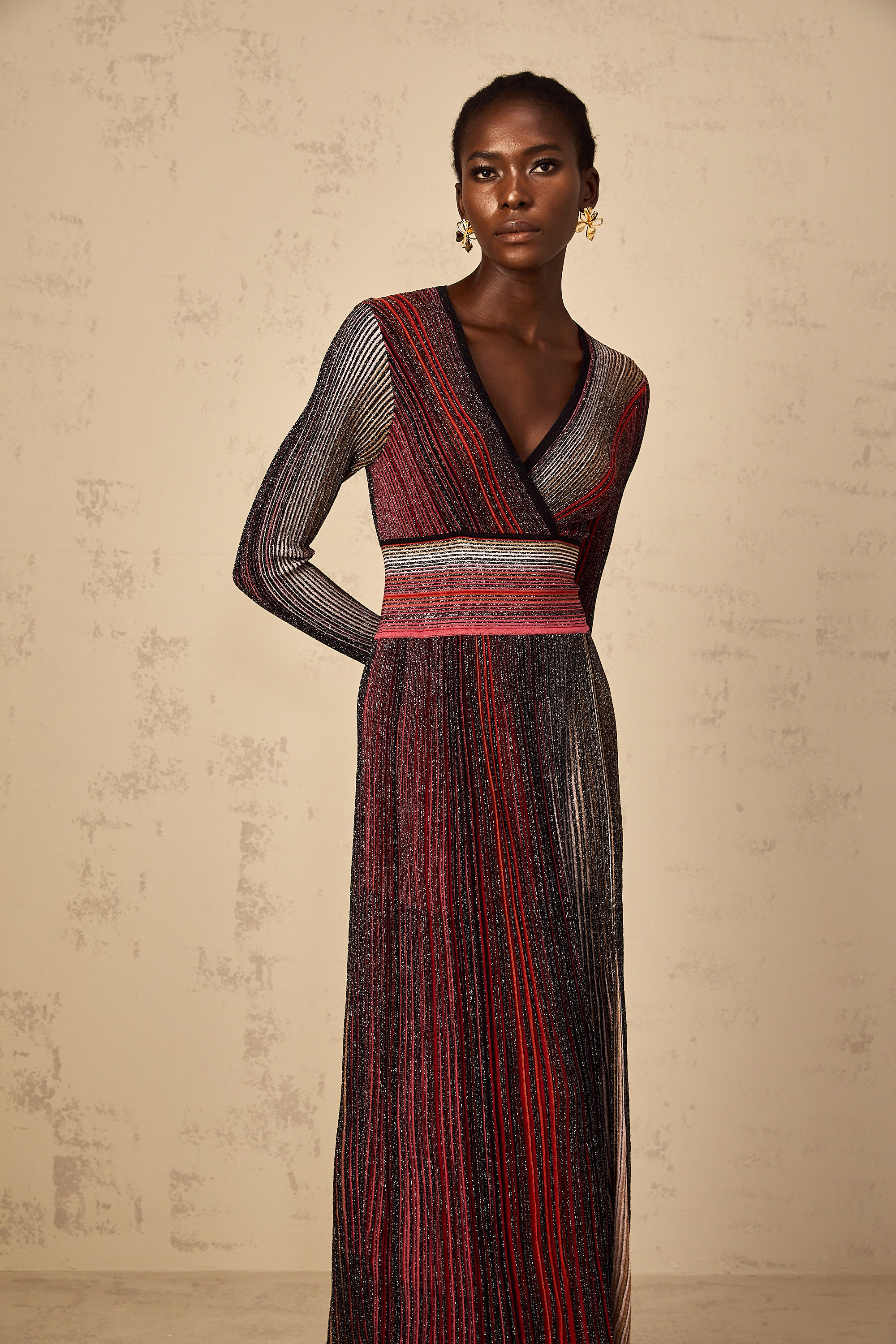 Amaryllis Red Long Sleeve Sequin Striped Knit Maxi Dress