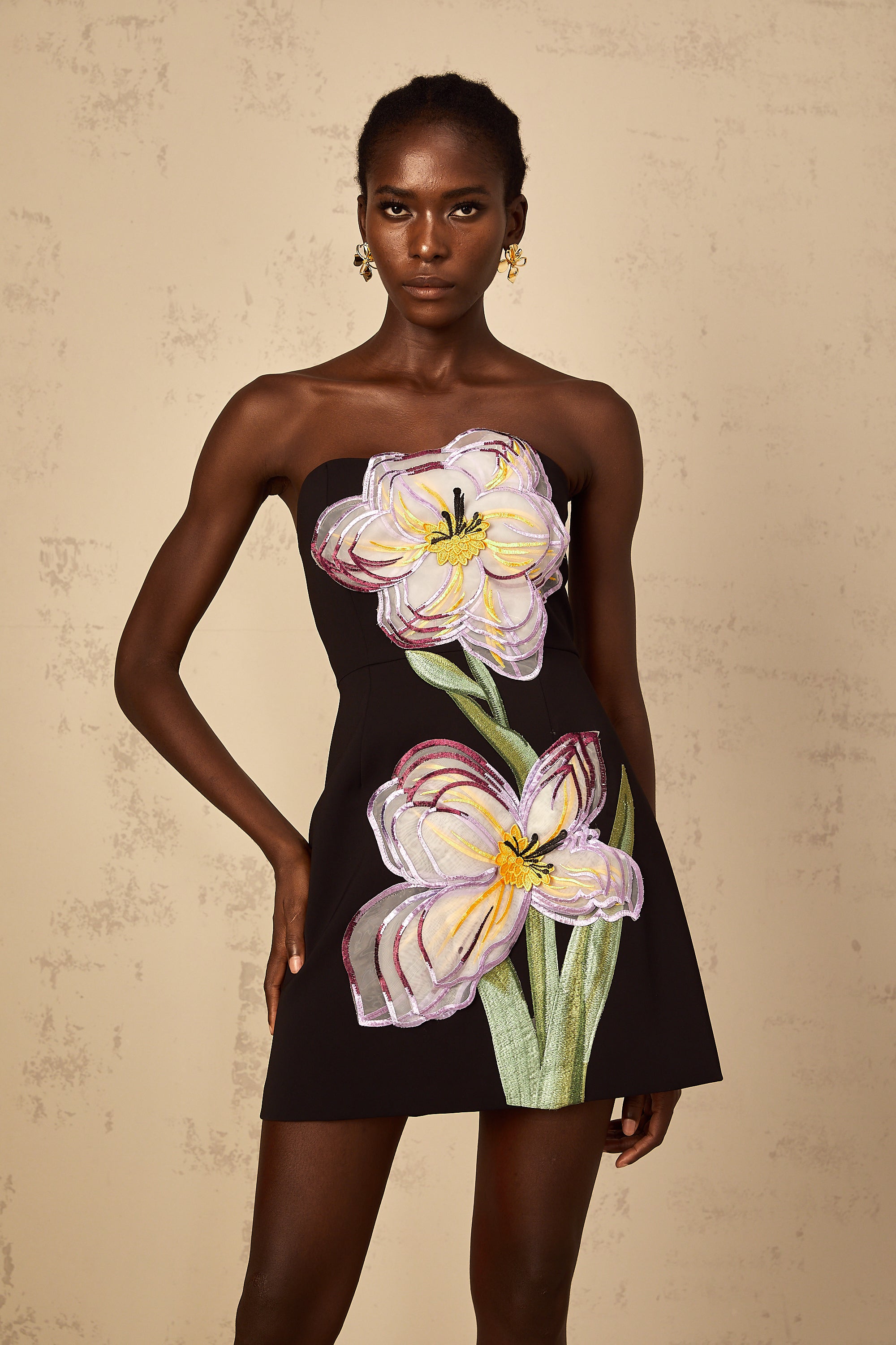 Irène Black Off-Shoulder Sequin Floral Embroidered Mini Dress