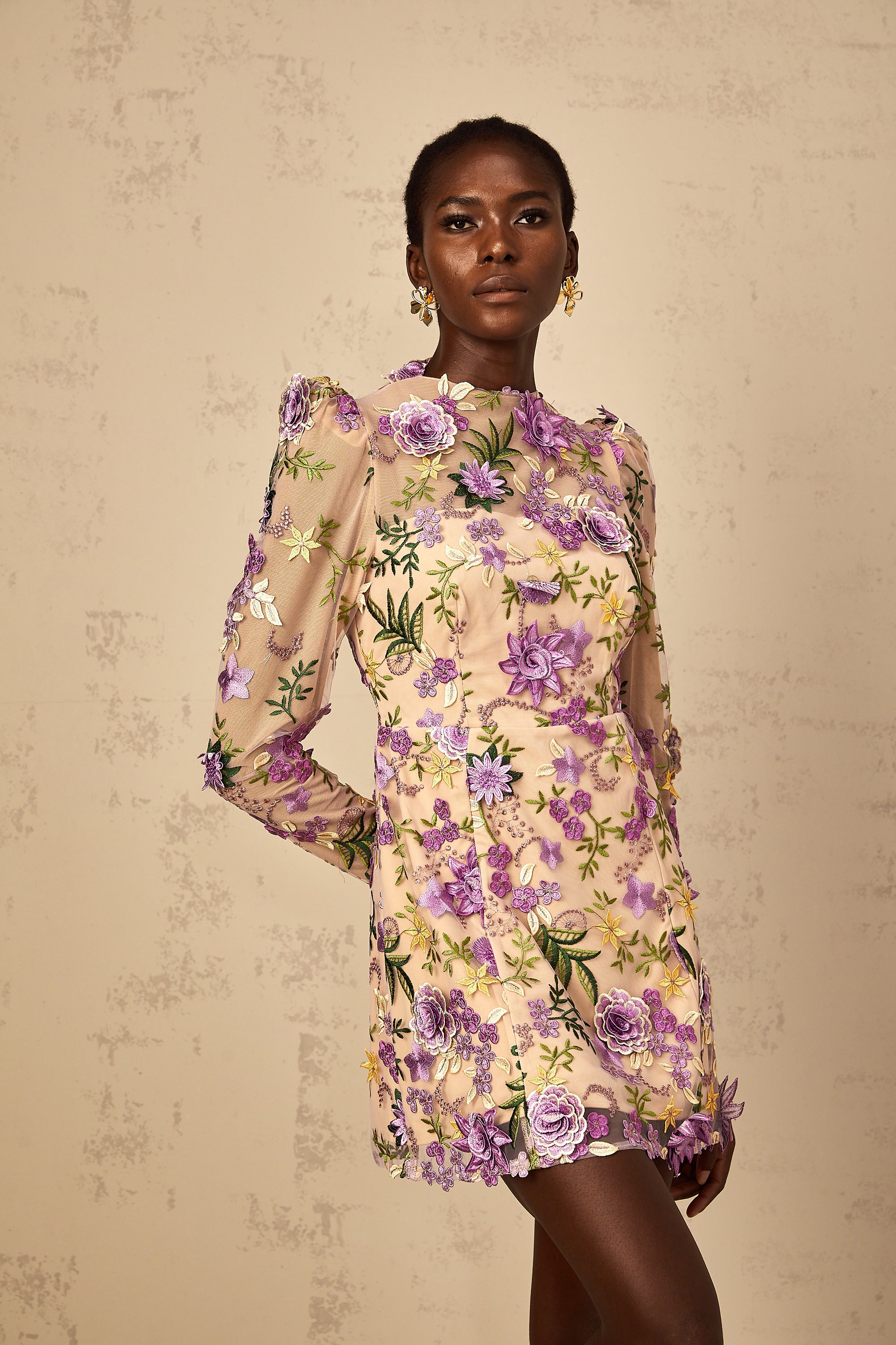 Jolien Purple Floral Appliqué Embroidered Tulle Mini Dress