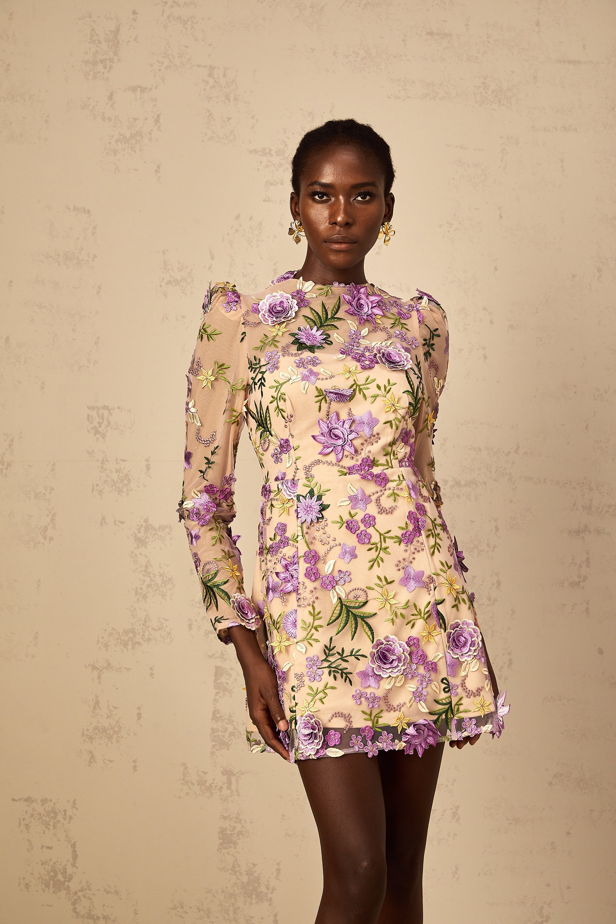 Jolien Purple Floral Appliqué Embroidered Tulle Mini Dress