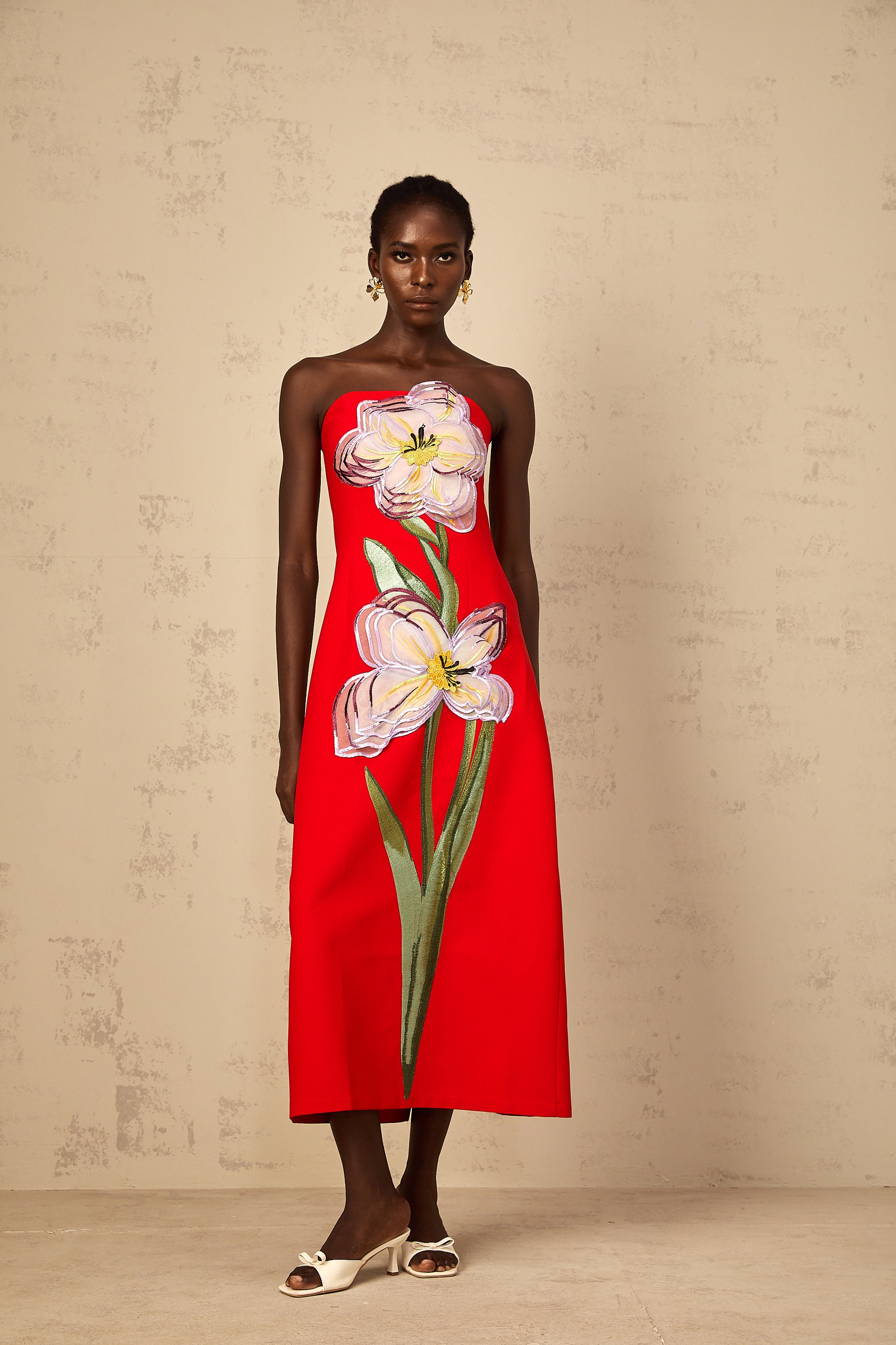 Irène Sequin Embroidered Off-Shoulder Midi Dress in Red