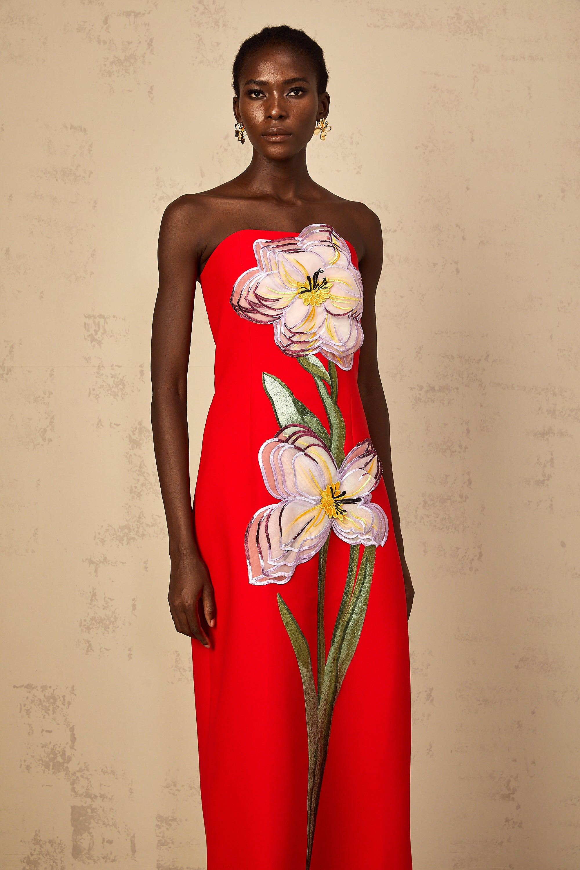 Irène Sequin Embroidered Off-Shoulder Midi Dress in Red