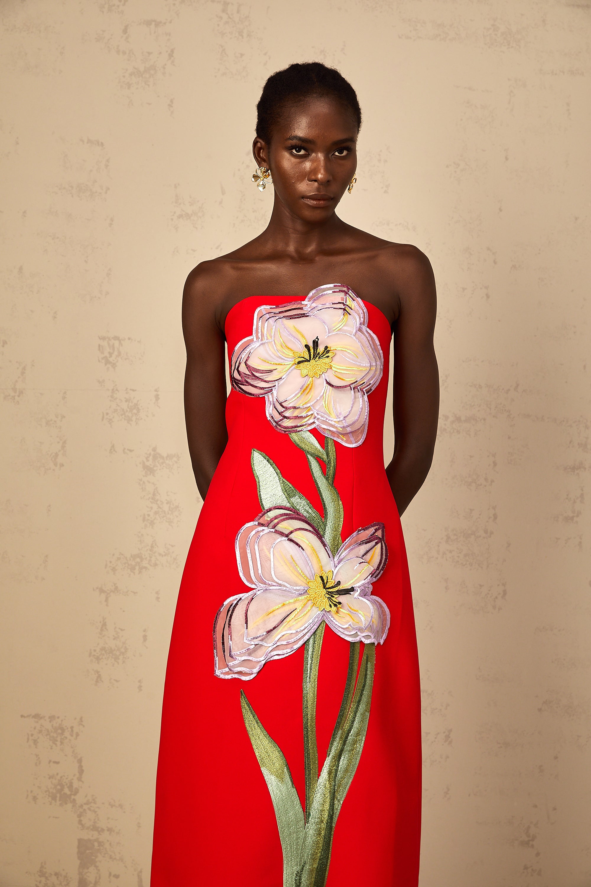 Irène Sequin Embroidered Off-Shoulder Midi Dress in Red