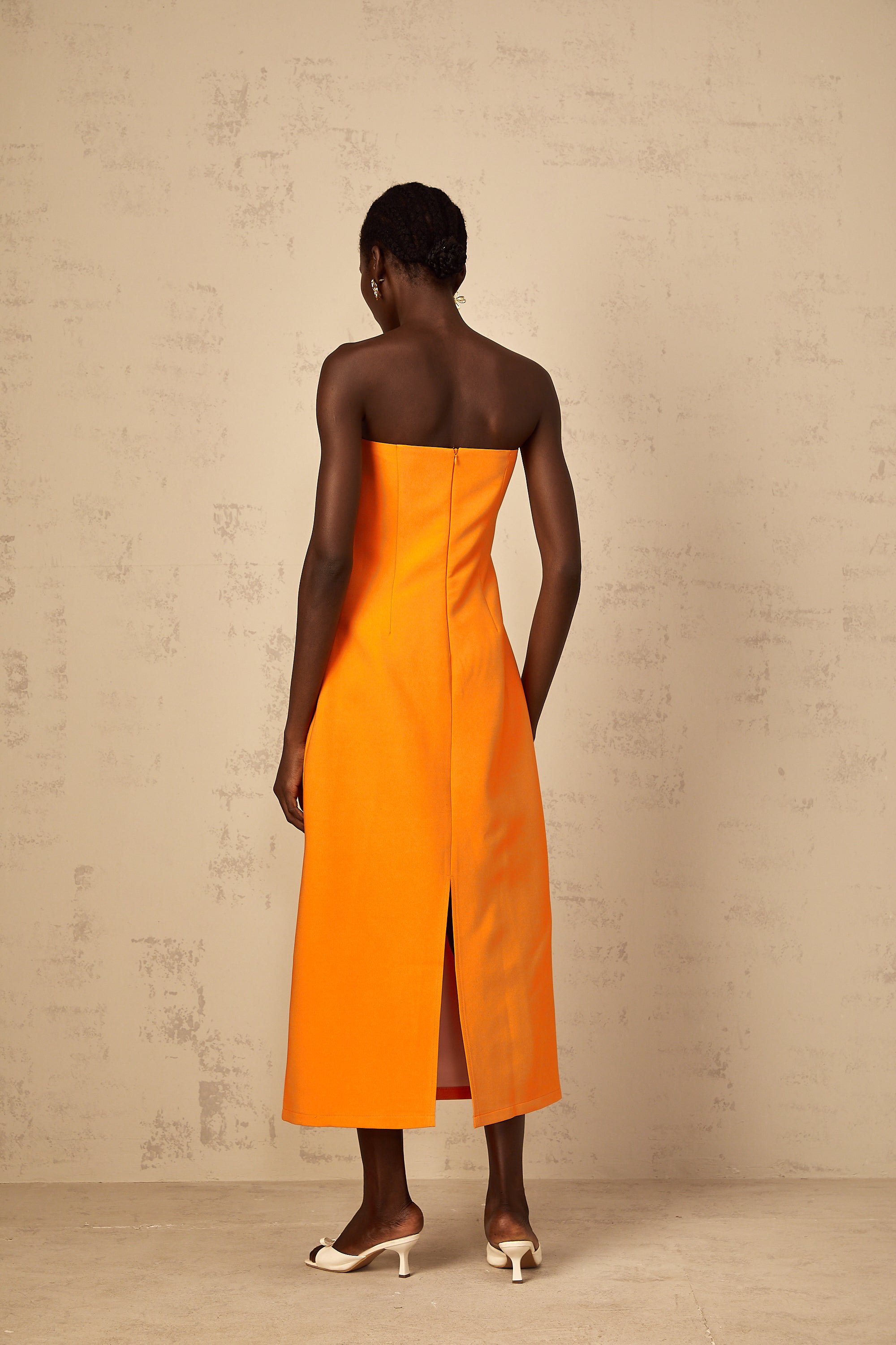 Irène Sequin Embroidered Off-Shoulder Midi Dress in Orange