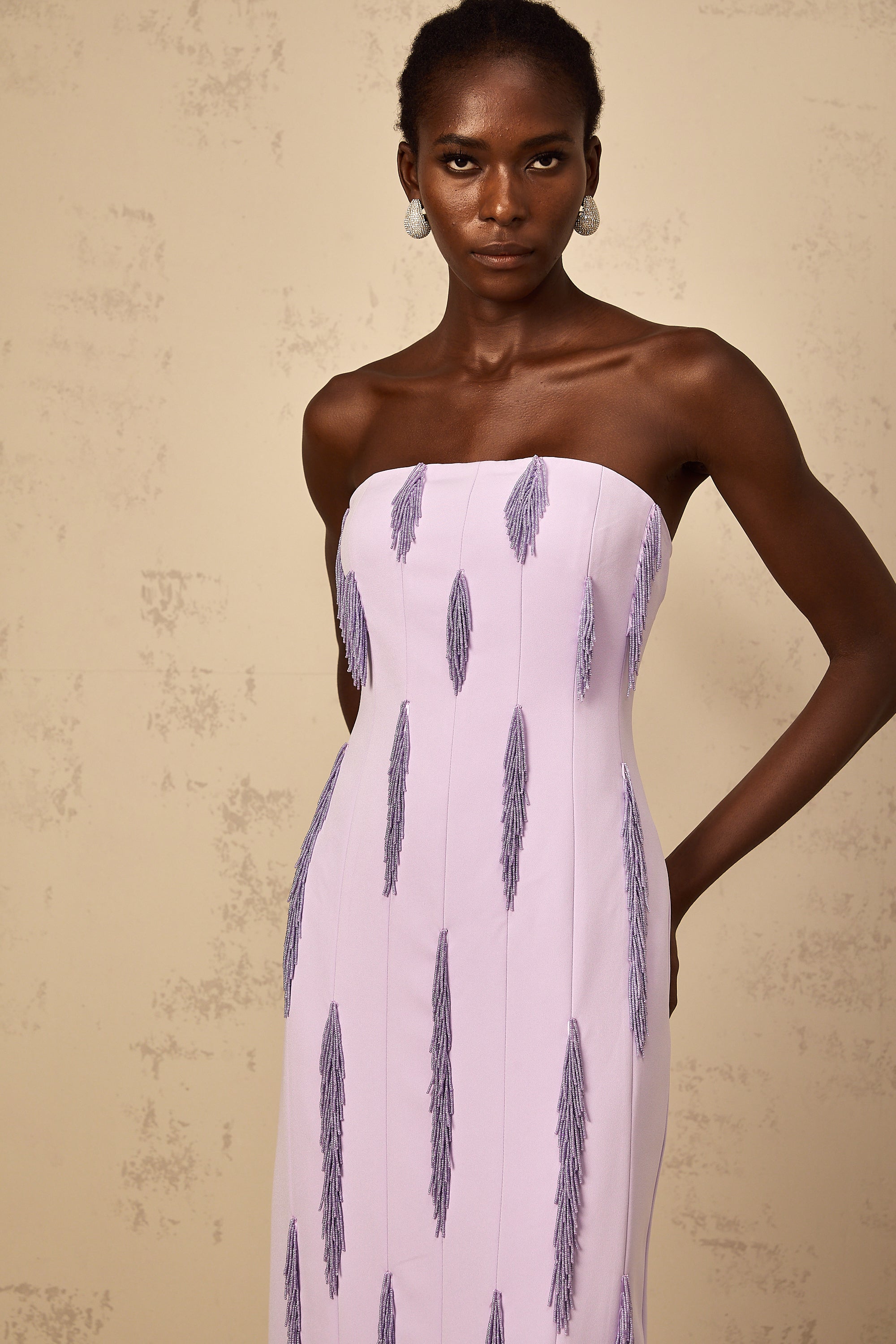 فستان إميلي ماكسي أرجواني مزين بالخرز والهامش