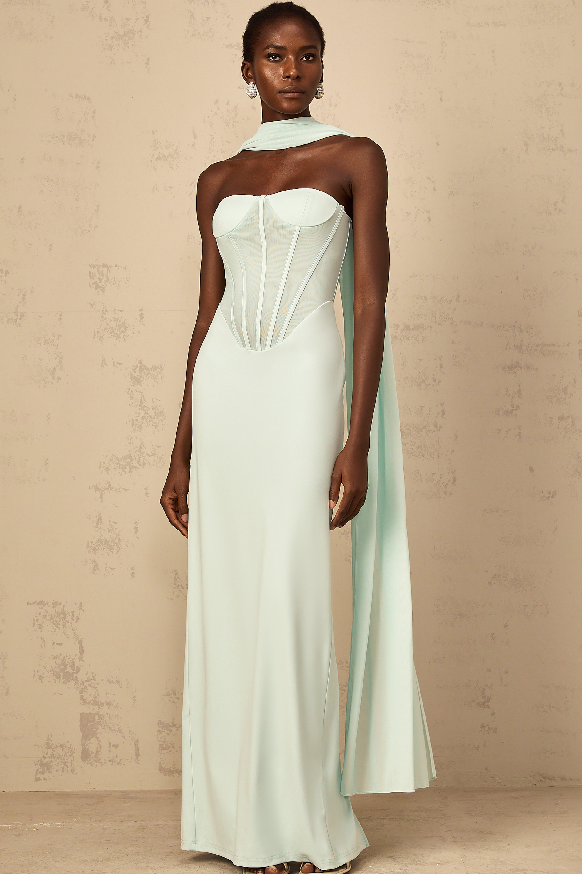 ワンピース crayme Corset Knit Tulle Dress Béryl Tulle Panel Corset Maxi Dress in Mint Green