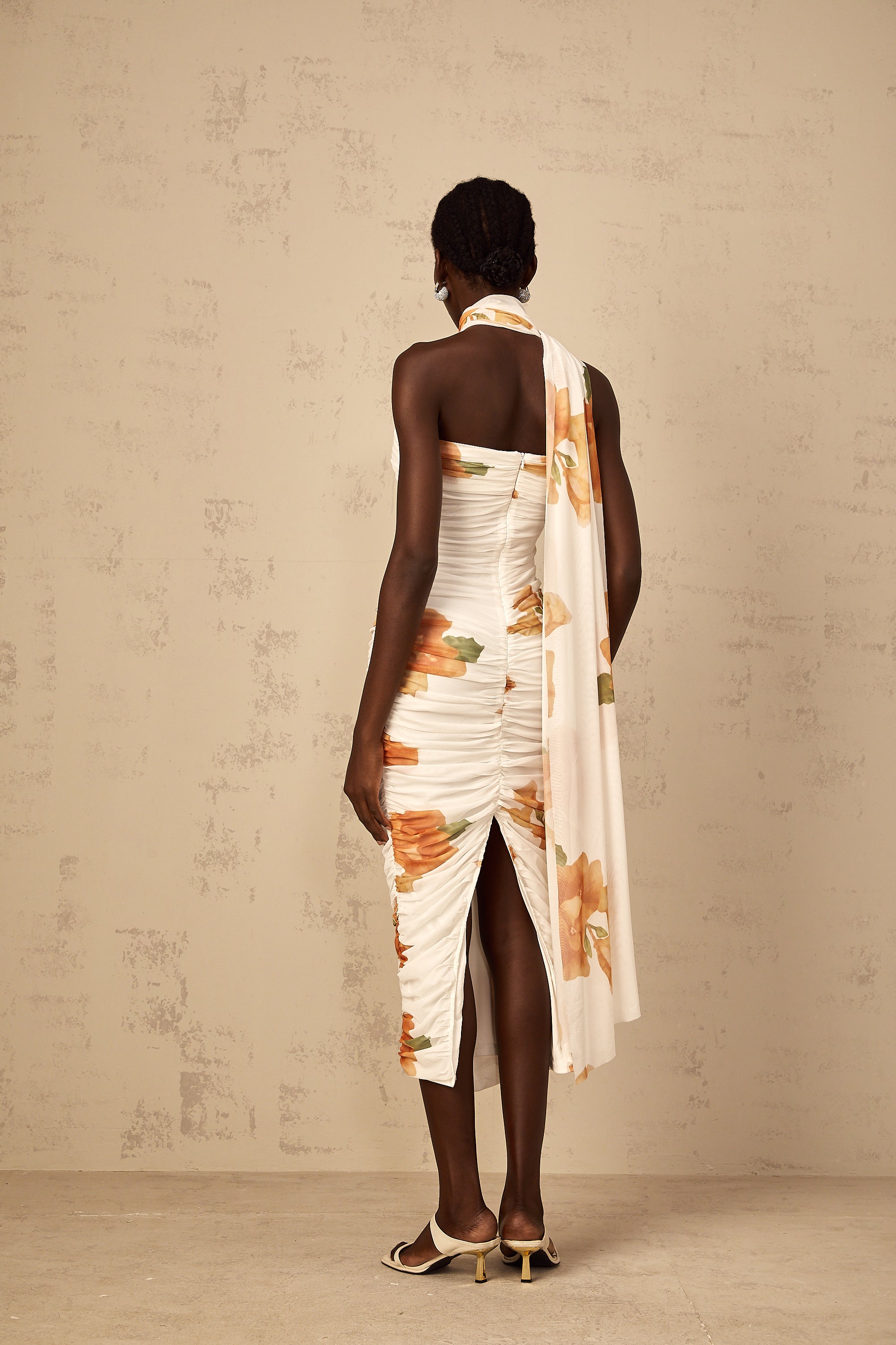 Frida white floral-print ruched tulle midi dress (Final Sale)