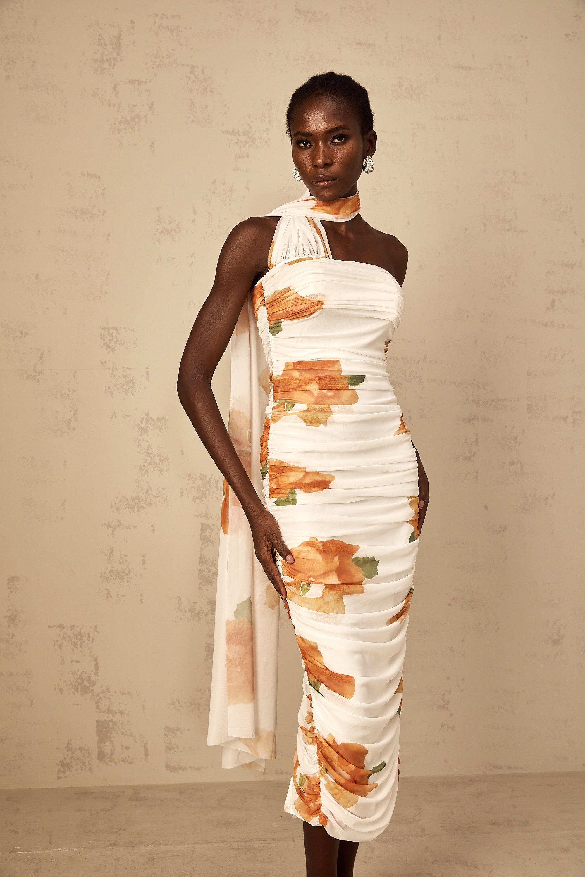 Frida white floral-print ruched tulle midi dress