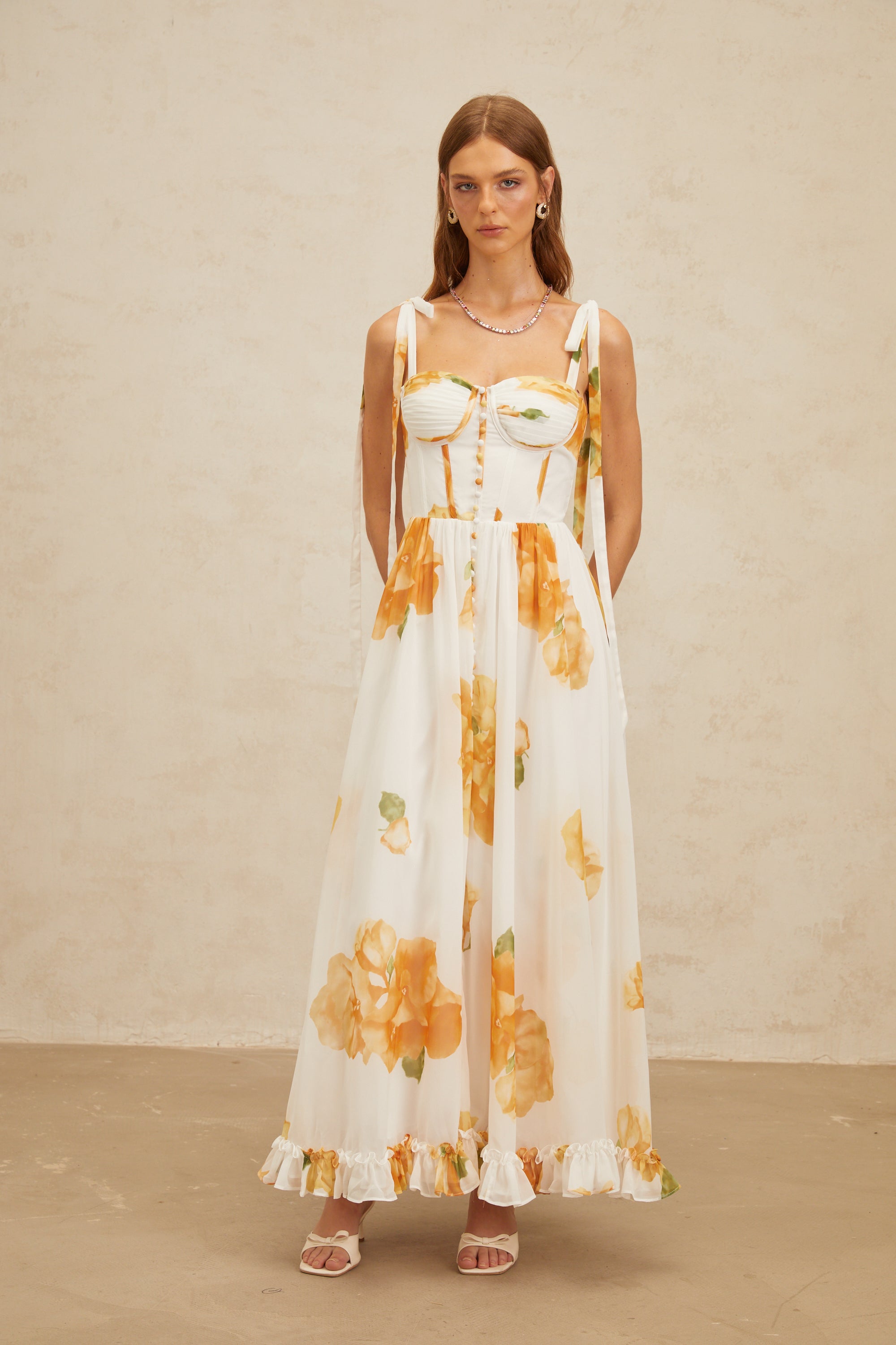 Bérénice White Floral Print Shirred Maxi Dress (Final Sale-US Only)