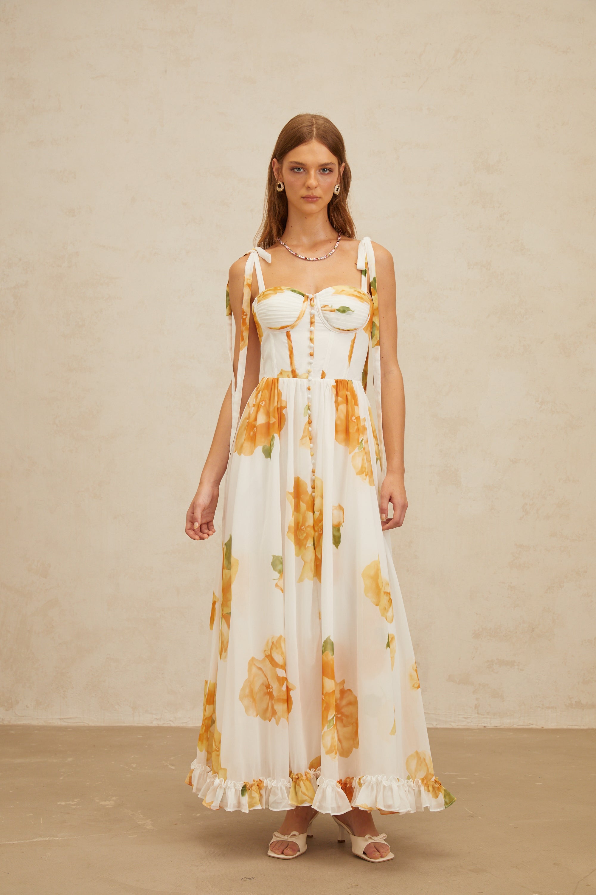 Bérénice White Floral Print Shirred Maxi Dress (Final Sale-US Only)